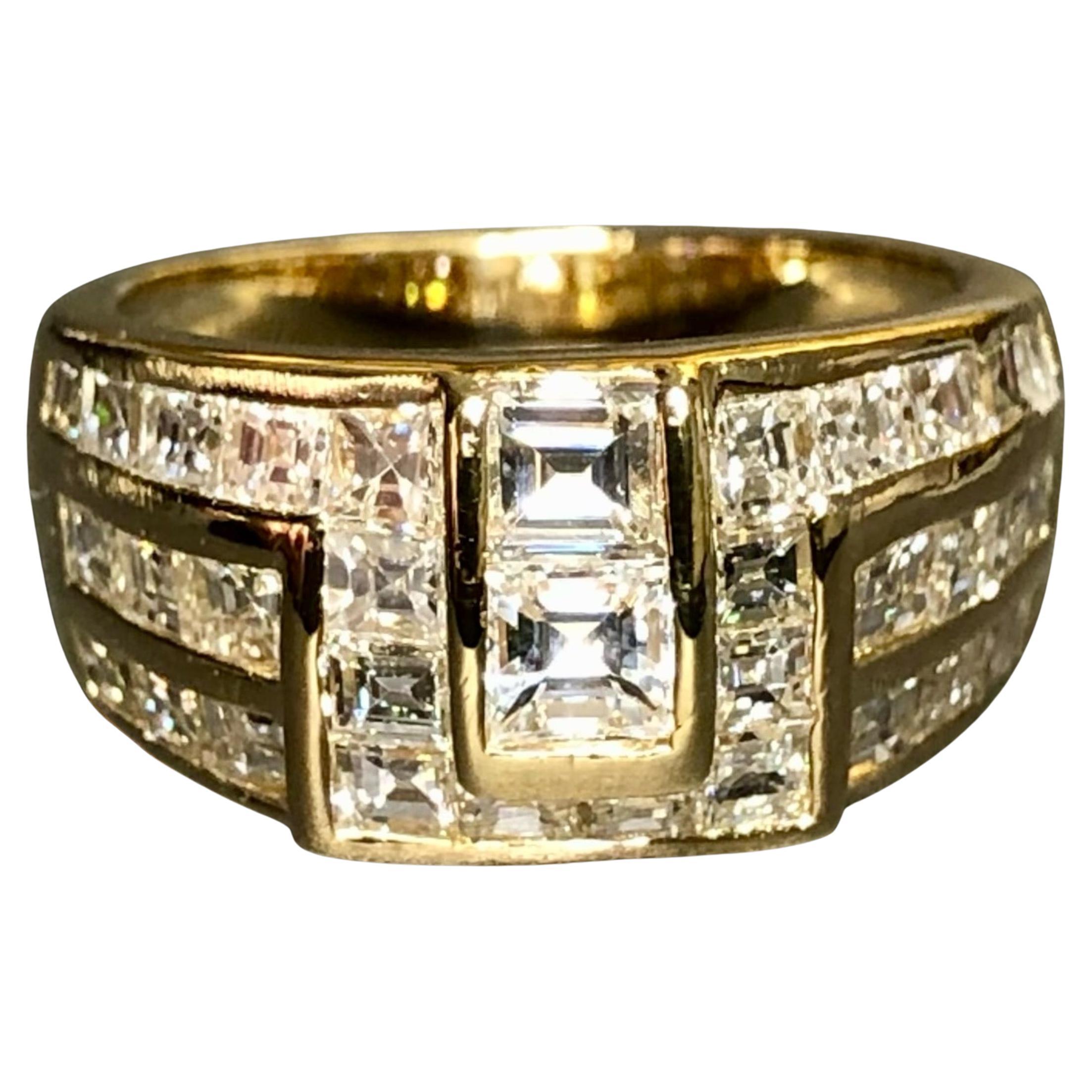 Estate 18K Yellow Gold Square Baguette Diamond Channel Set Wide Band Ring 3.20ct For Sale