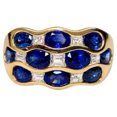 Estate 18K Yellow Gold Square Baguette Diamond & Oval Saphire Cigar Band Ring