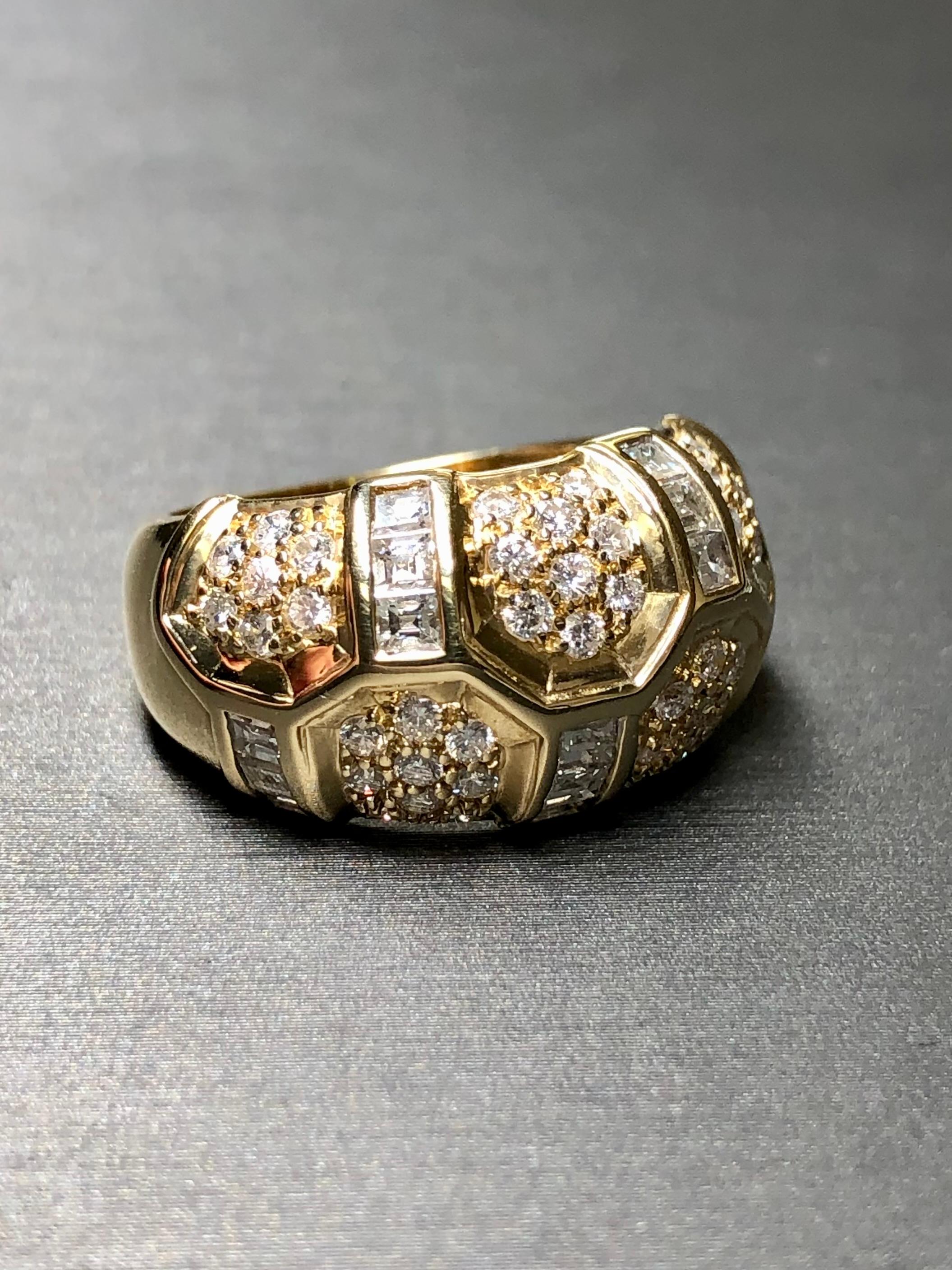 Contemporary Estate 18K Yellow Gold Square Baguette Round Diamond Honeycomb Ring 1.60cttw For Sale