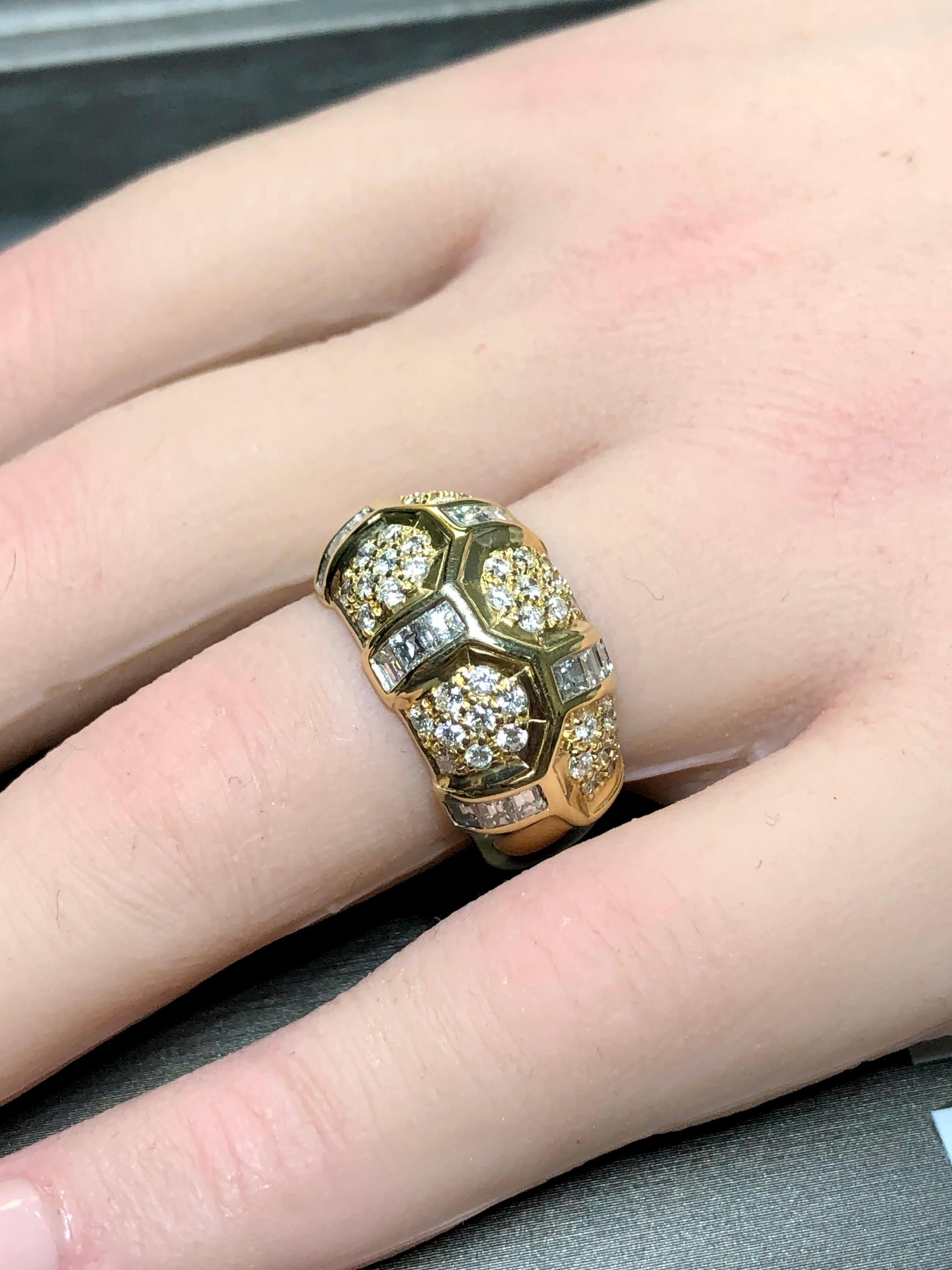 Estate 18K Yellow Gold Square Baguette Round Diamond Honeycomb Ring 1.60cttw For Sale 1