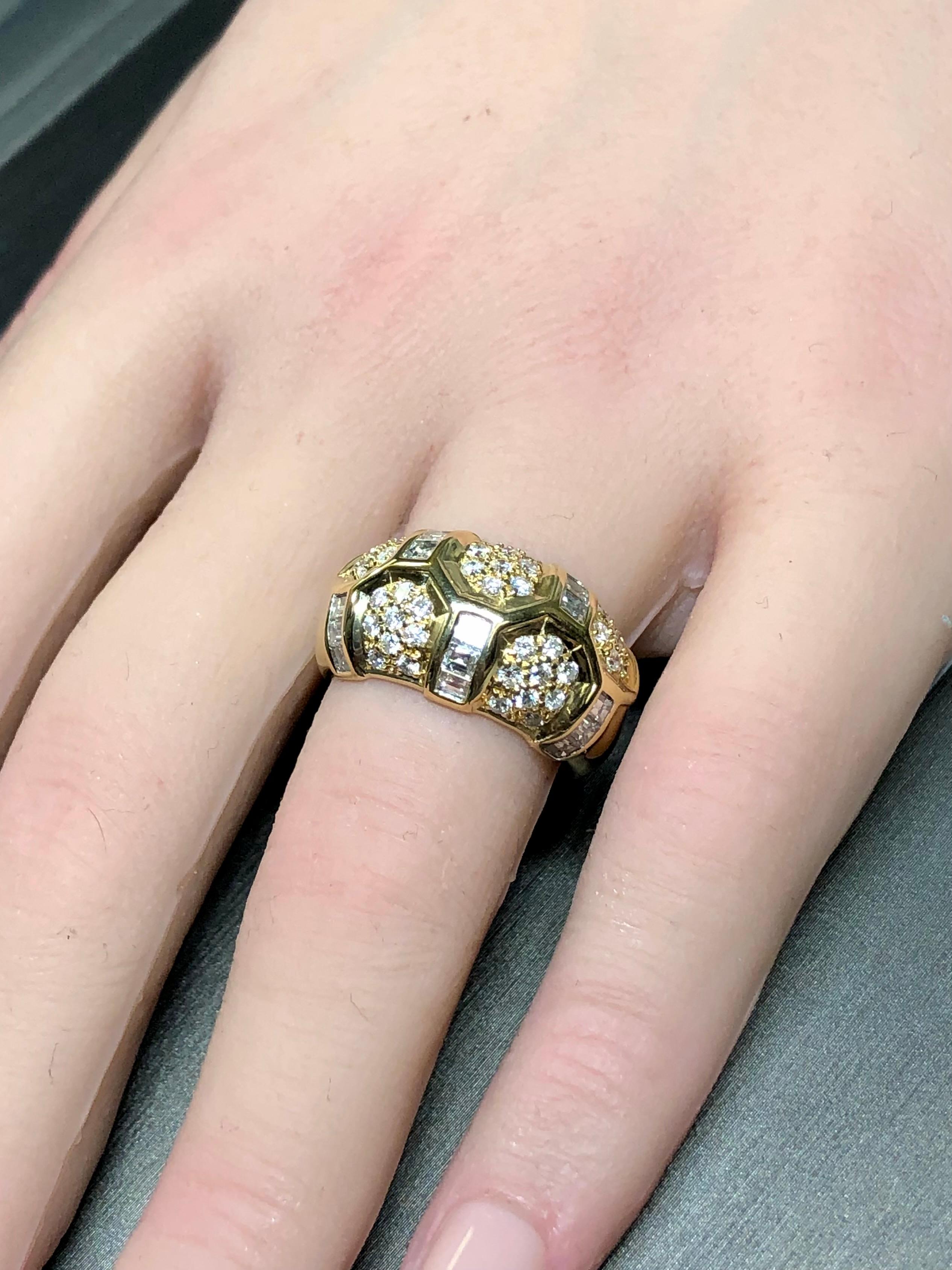 Estate 18K Yellow Gold Square Baguette Round Diamond Honeycomb Ring 1.60cttw For Sale 2