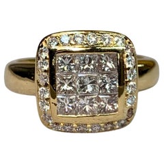 Vintage Estate 18K Yellow Gold Square Princess Round Cut Diamond Cocktail Ring