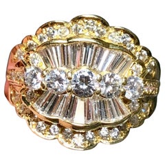 Estate in oro giallo 18K Anello da cocktail a ventaglio conico con diamante rotondo a baguette Sz 6