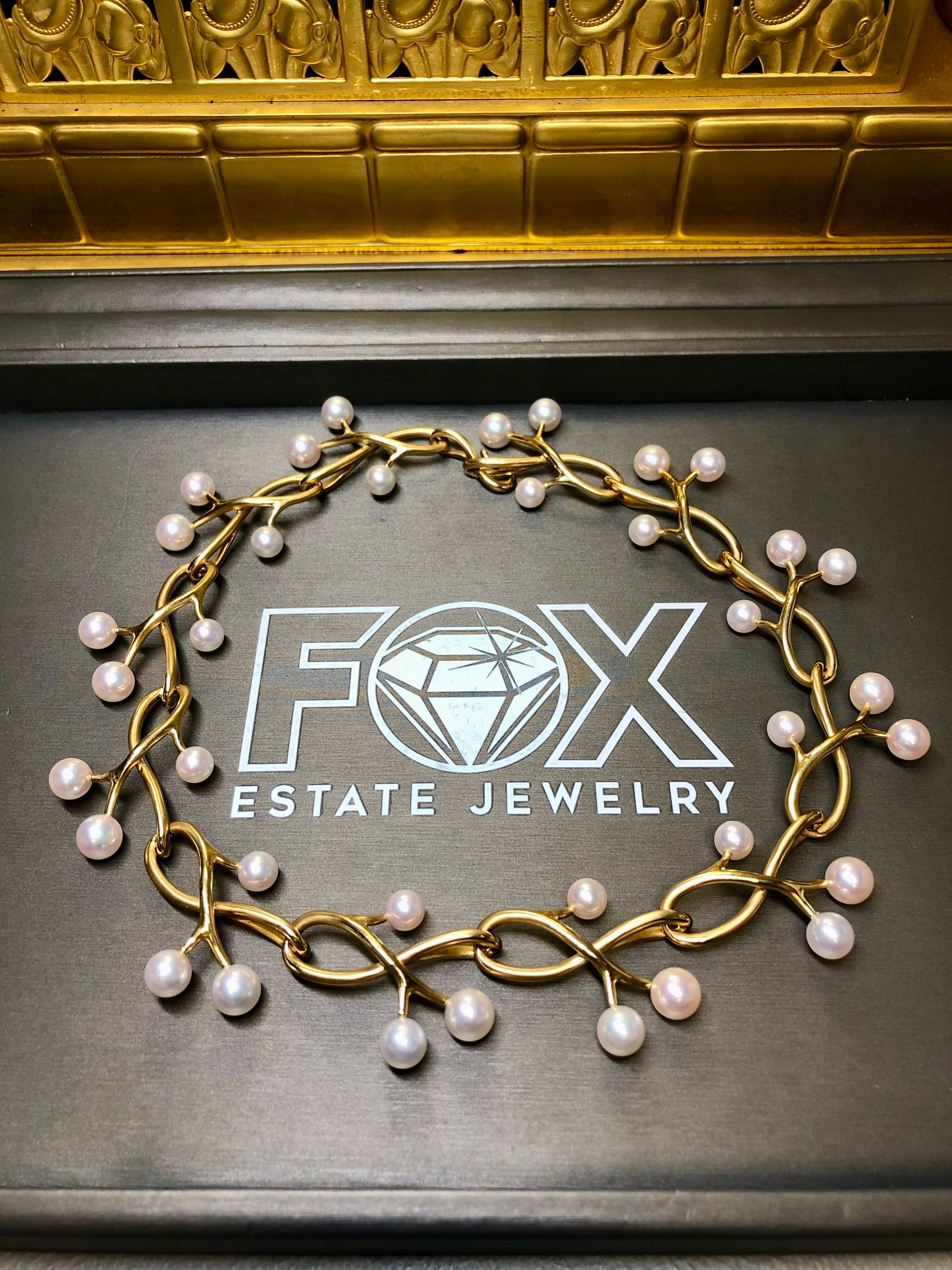 Women's or Men's Estate 18K Yellow Gold Thorn & Twig Pearl Necklace ANGELA CUMMINGS For ASSAEL For Sale