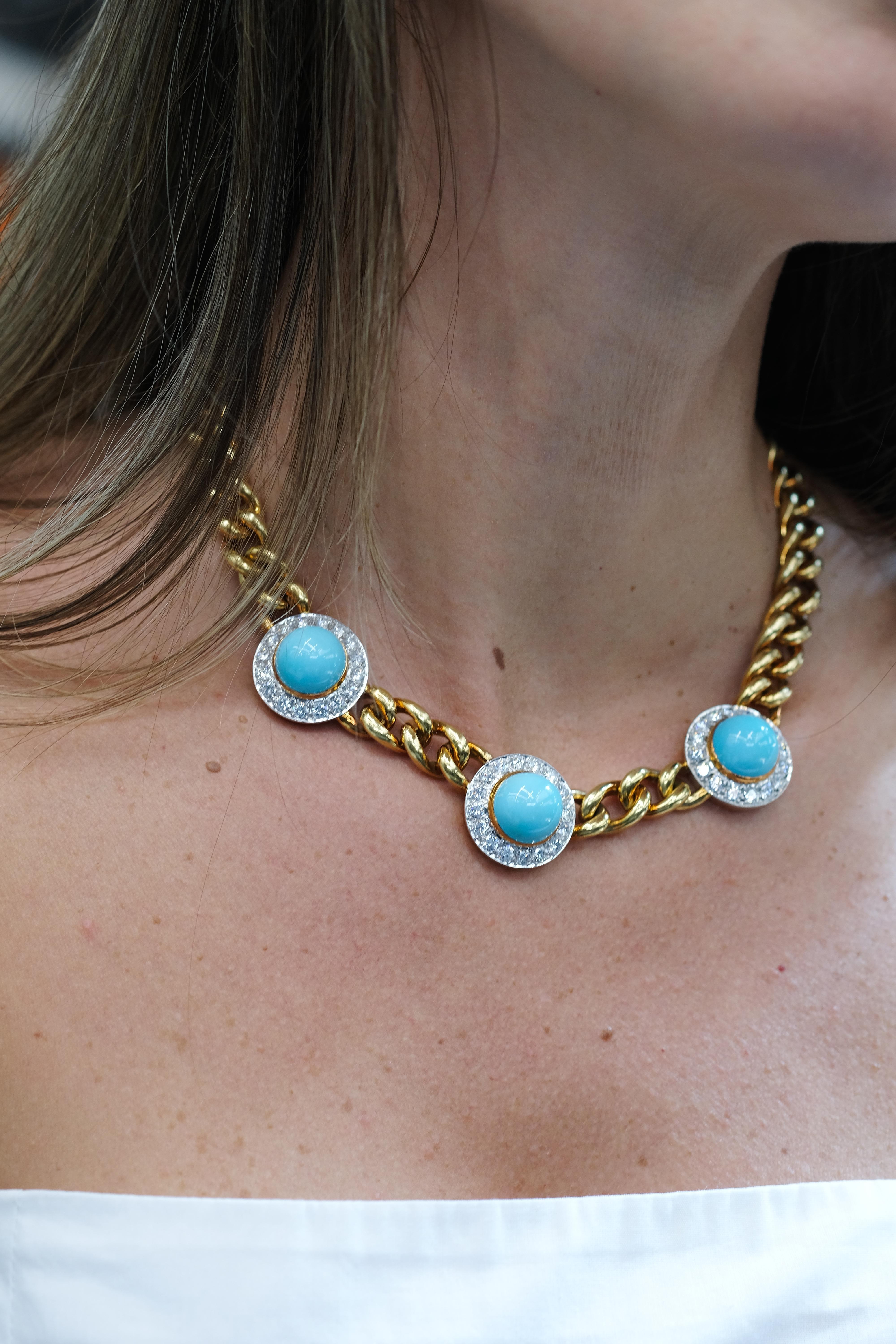 Collier de succession en or jaune 18 carats à trois chaînes avec turquoises et diamants en vente 5