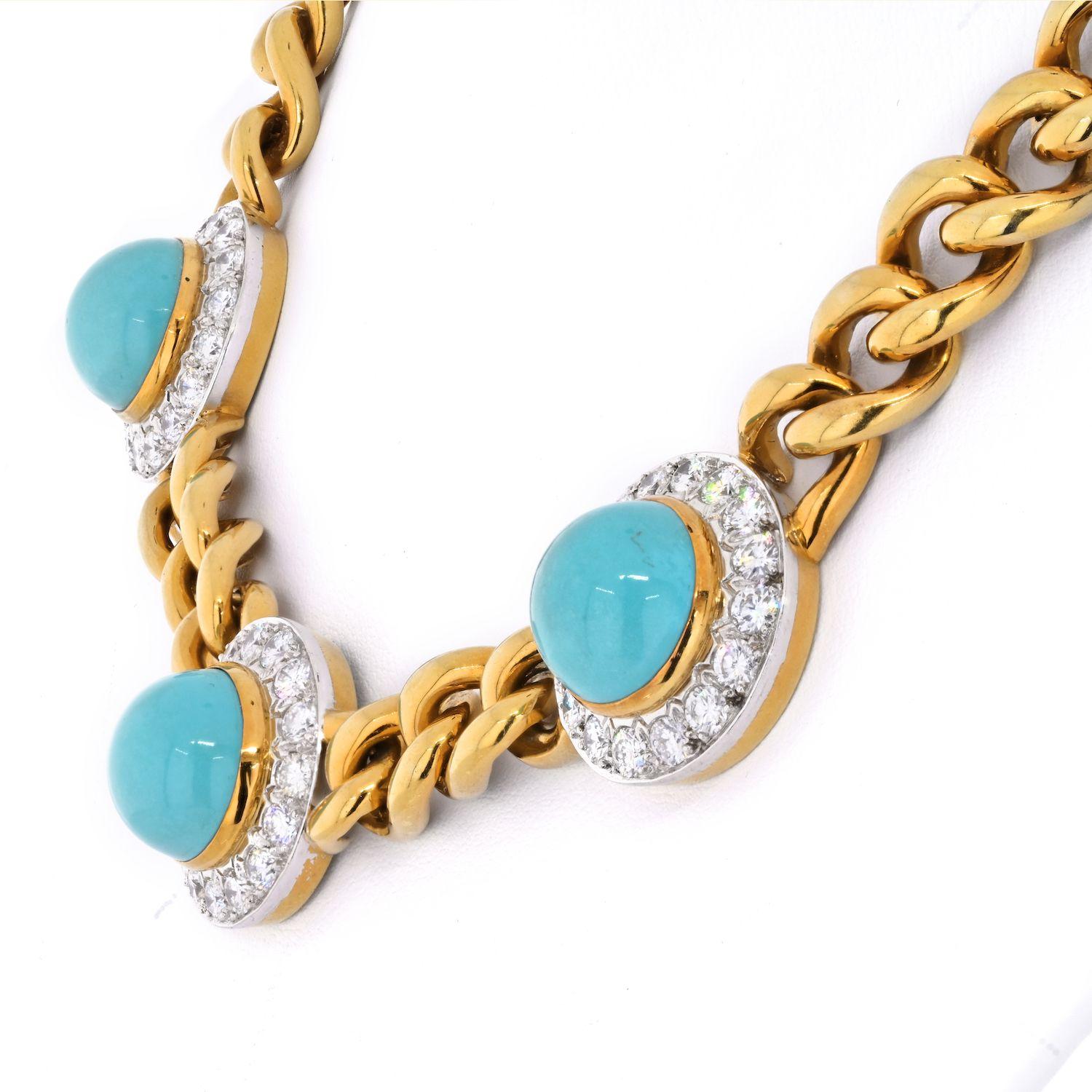 This is a lovely turquoise and diamond necklace made in 18k yellow gold. Featuring three cabochon turquoise stations each surrounded by round diamonds, completed by a curb link chain.
Diamonds weighing a total of approximately 5.75 carats
Length