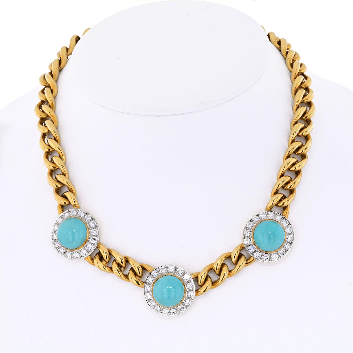 Modern Estate 18K Yellow Gold Three Station Turquoise and Diamond Necklace For Sale