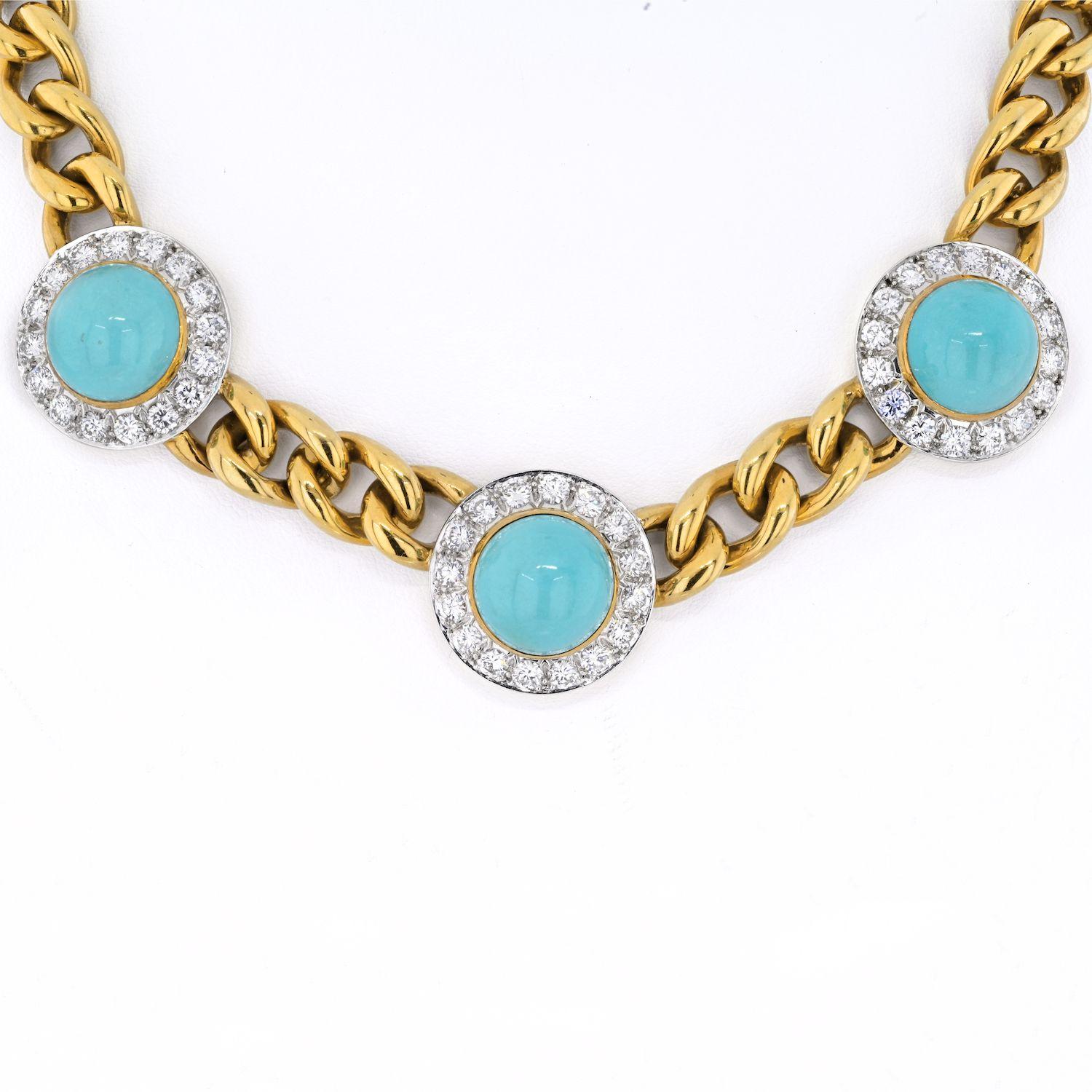 Estate 18K Yellow Gold Three Station Turquoise and Diamond Necklace In Excellent Condition For Sale In New York, NY