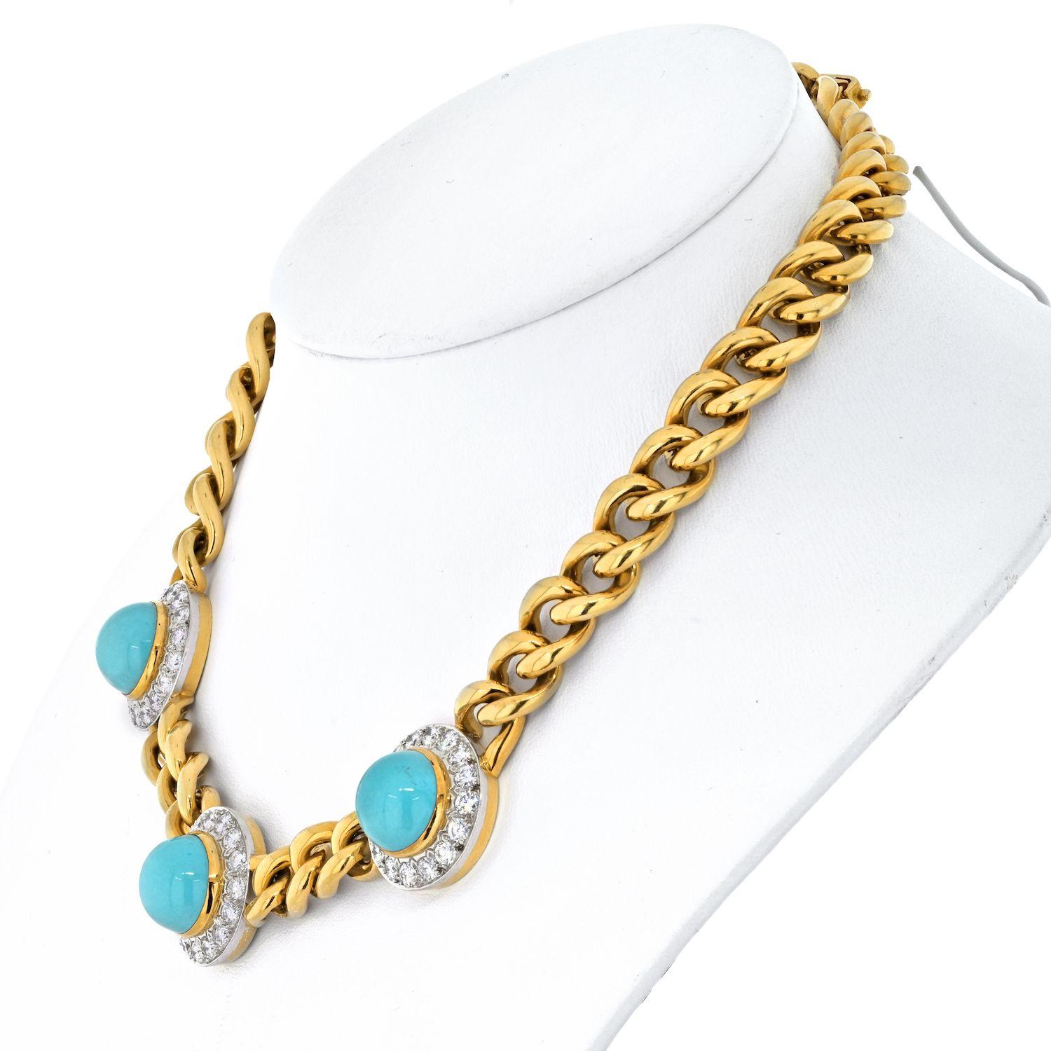 Women's Estate 18K Yellow Gold Three Station Turquoise and Diamond Necklace For Sale