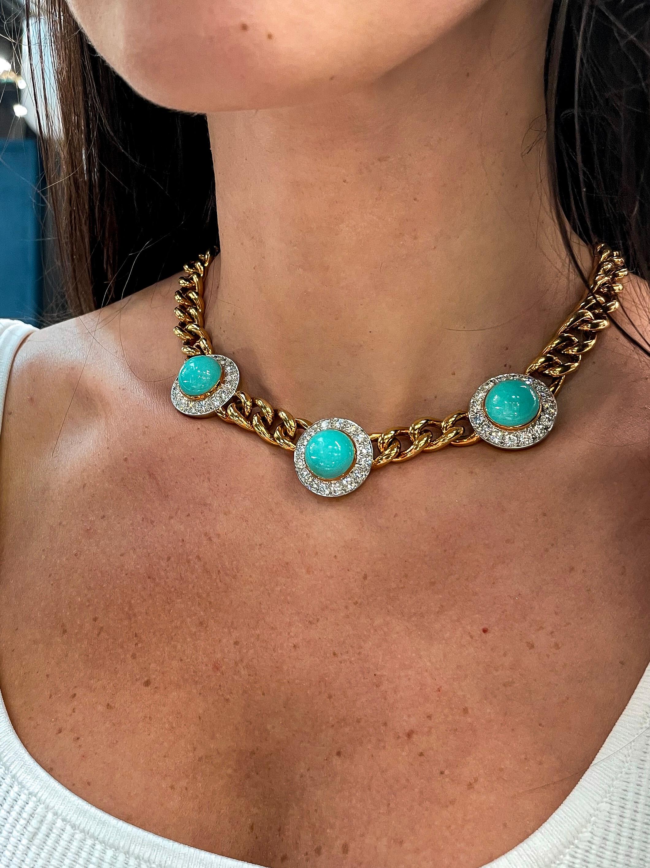 Estate 18K Yellow Gold Three Station Turquoise and Diamond Necklace For Sale 3