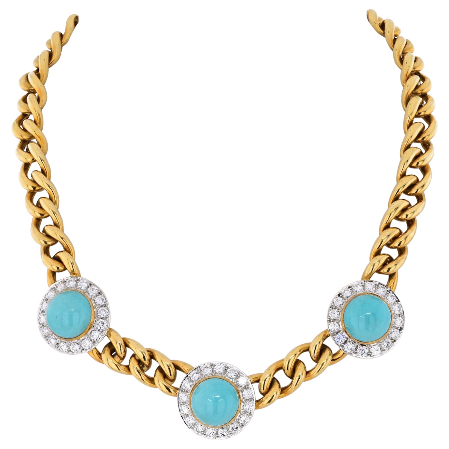 Collier de succession en or jaune 18 carats à trois chaînes avec turquoises et diamants
