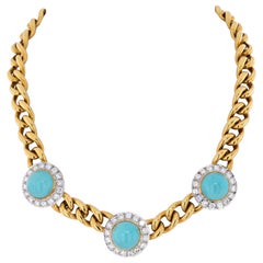 Collar Estate de oro amarillo de 18 quilates con tres estaciones de turquesas y diamantes