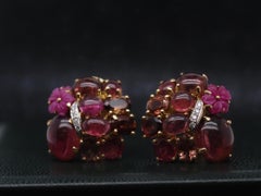 Estate 18K Yellow Gold Tourmaline Cabochon and Diamond Earrings - VHK#253a