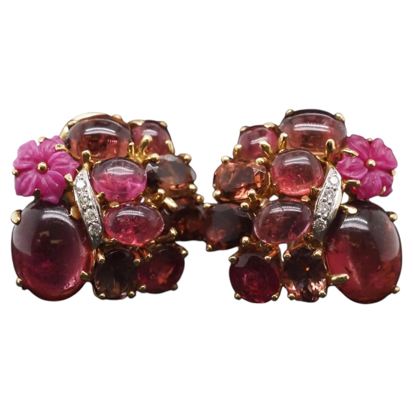 Pendientes de oro amarillo de 18 quilates con cabujón de turmalina y diamantes - VHK#253 en venta