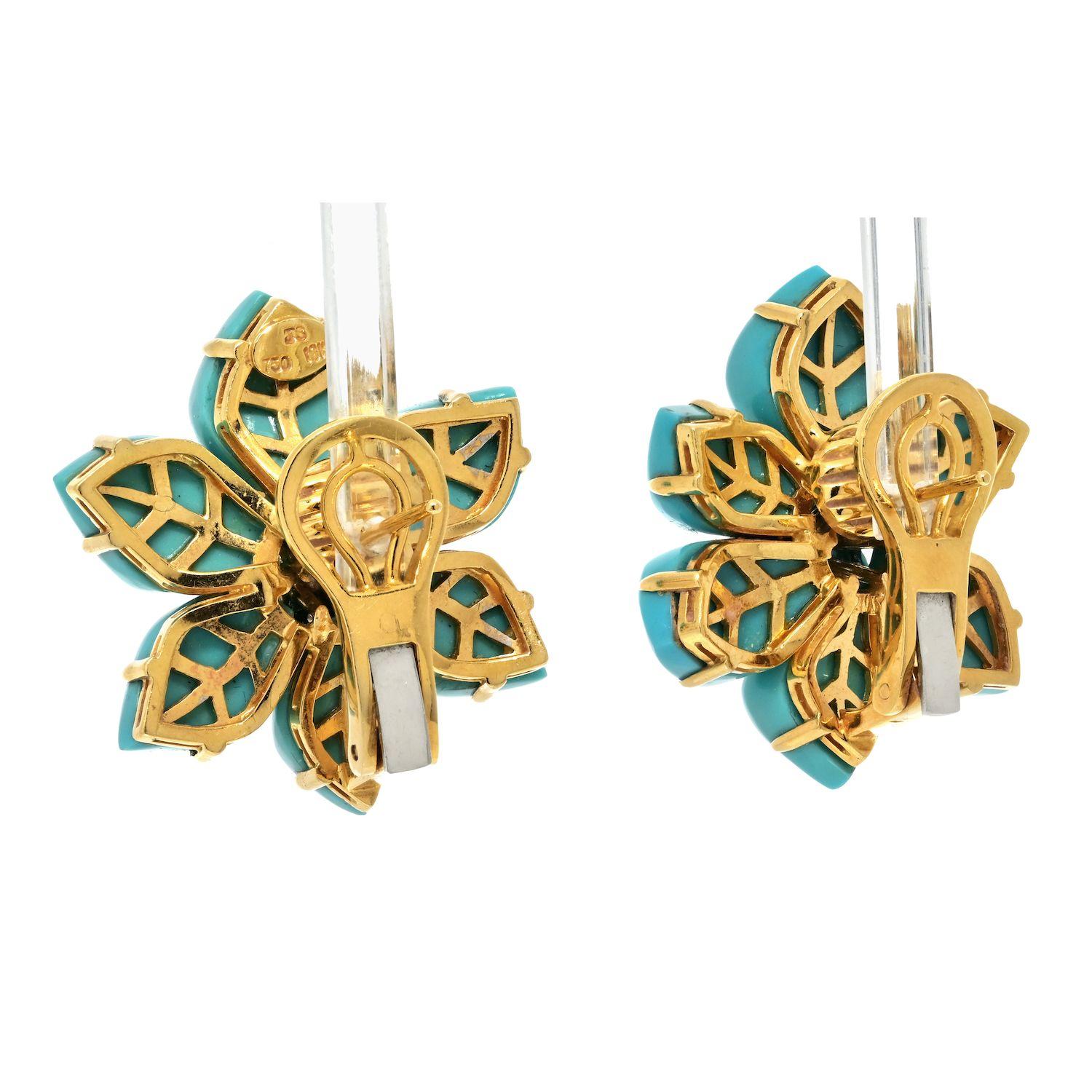 Modern Estate 18K Yellow Gold Turquoise Diamond Flower Earrings For Sale