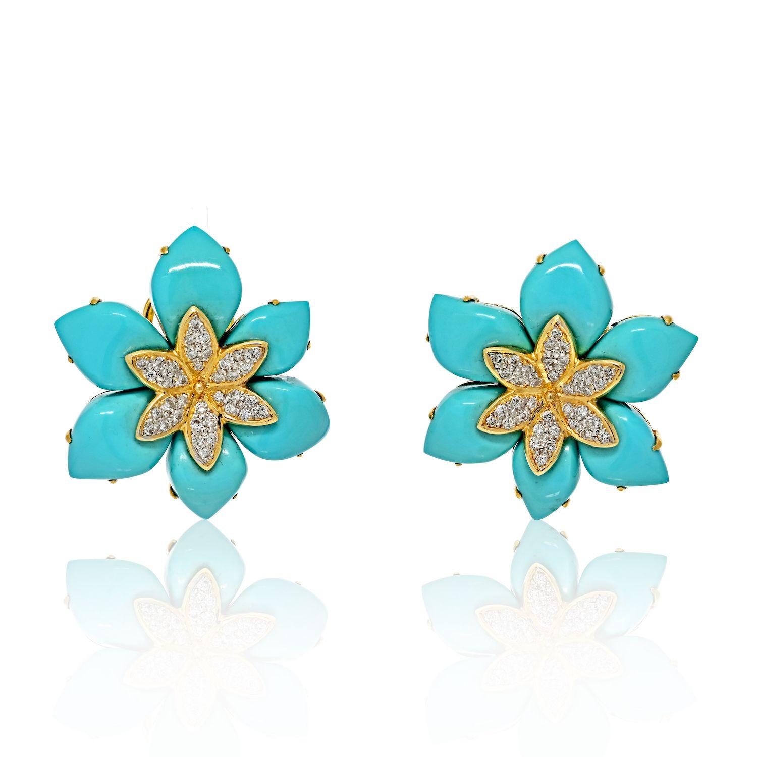 Round Cut Estate 18K Yellow Gold Turquoise Diamond Flower Earrings For Sale