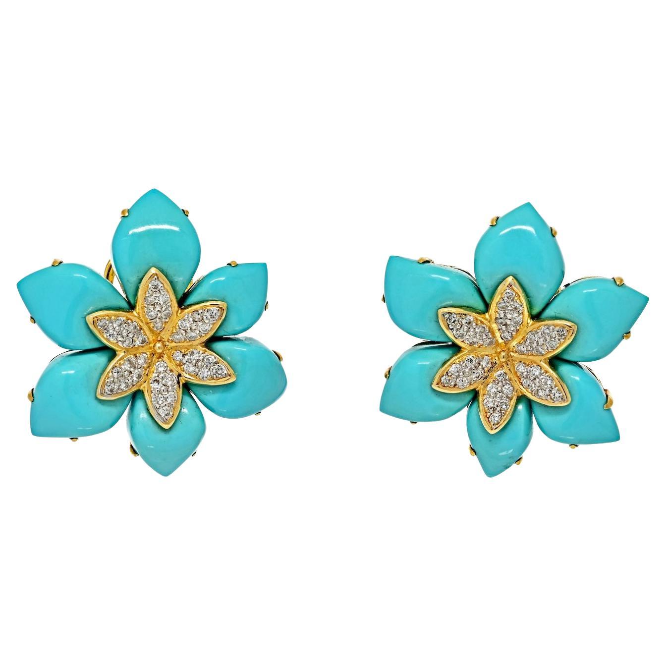 Estate 18K Yellow Gold Turquoise Diamond Flower Earrings For Sale