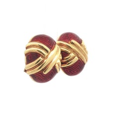 Estate 18k Yellow Gold Unique Vivid Red Enamel Egg Chevron Oval Button Earrings