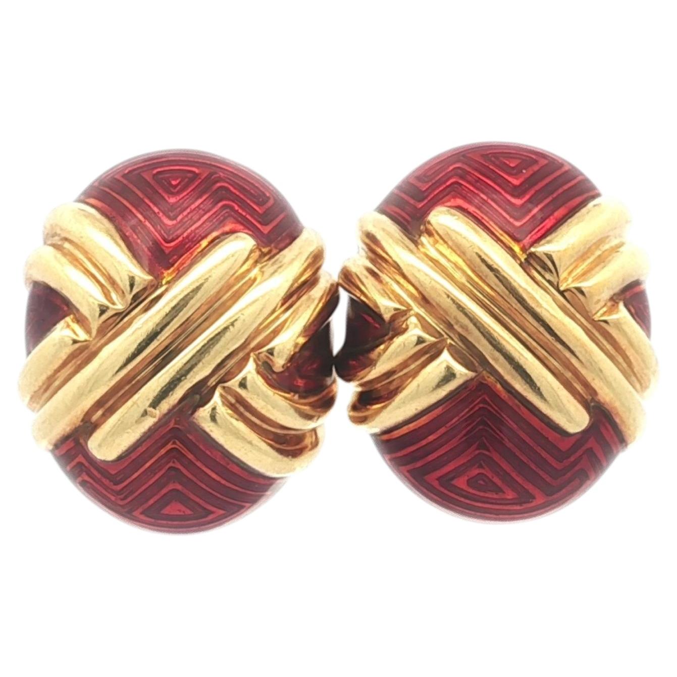 Estate 18k Yellow Gold Unique Vivid Red Enamel Egg Chevron Oval Button Earrings For Sale