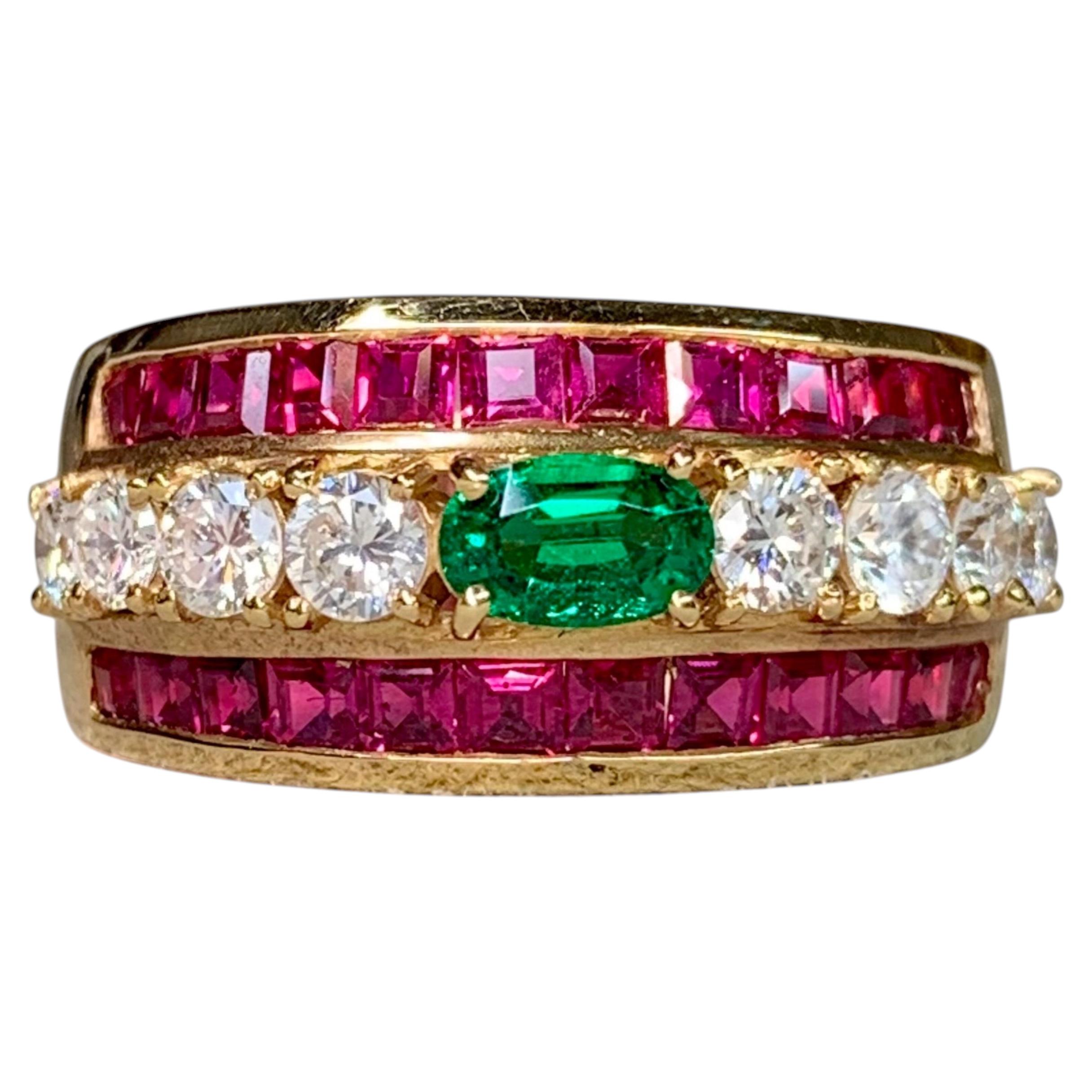 Estate 18K Yellow Gold Vivid Emerald Diamond Square Ruby Wide Band Ring