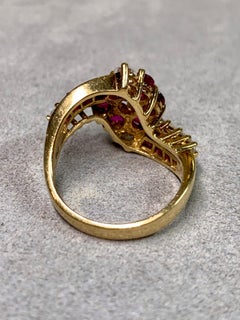 Estate 18K Yellow Gold Vivid Ruby Diamond Floral Crossover Cocktail Ring Sz 6.5