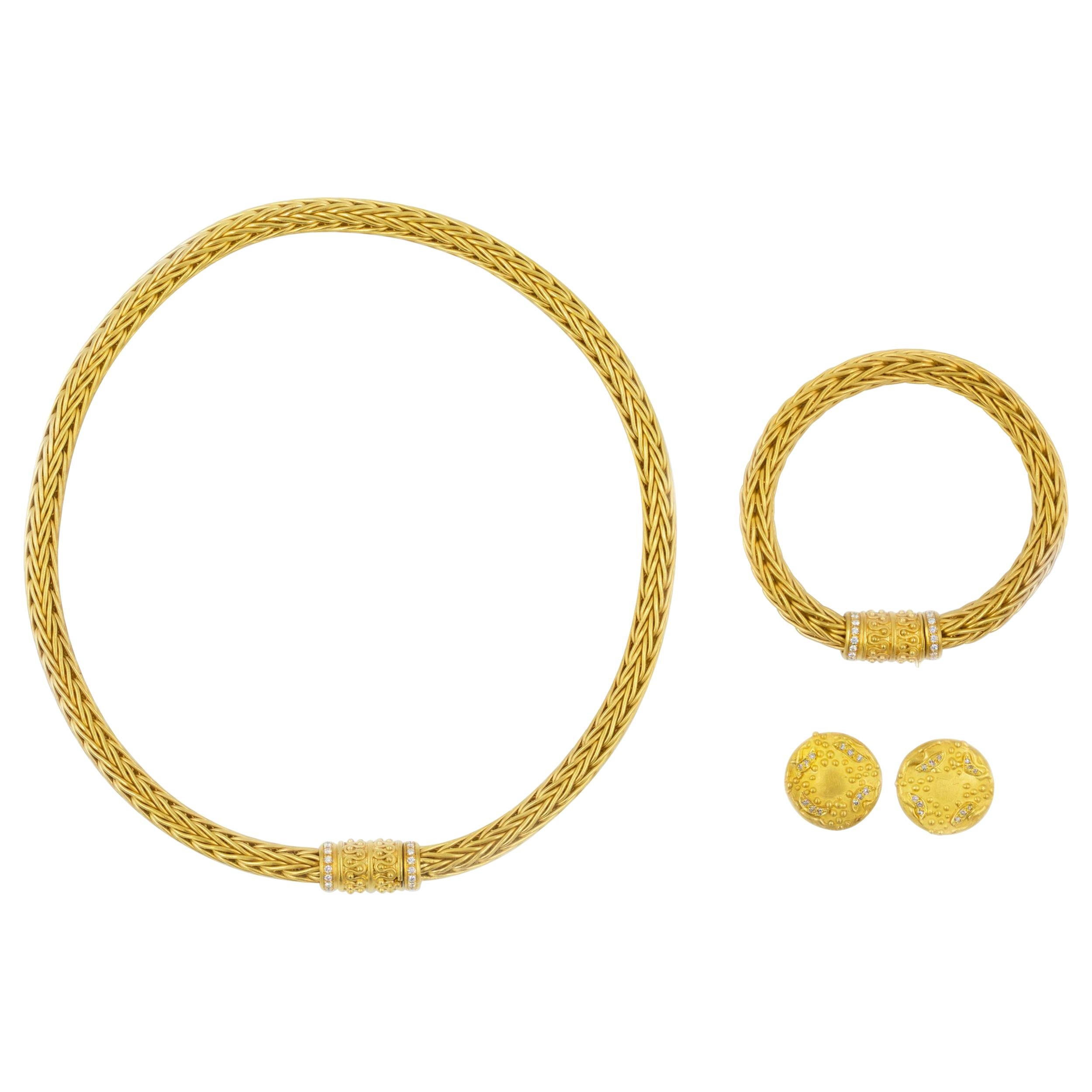 Estate 18k Yellow Gold Woven Wheat Necklace, Bracelet and Earrings by La Pepita