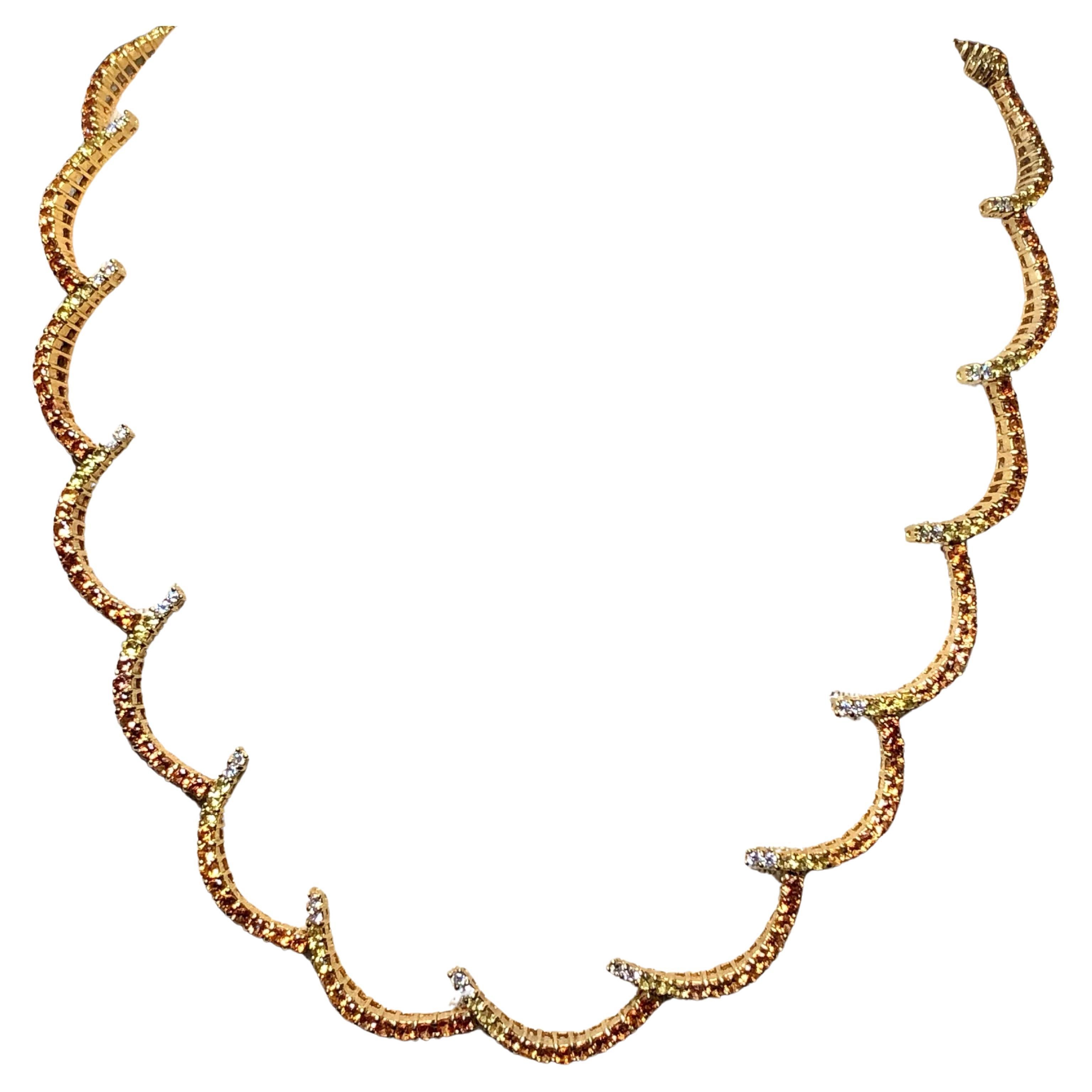Estate 18K Yellow Orange Sapphire Diamond Scalloped Formal Necklace 17.20cttw