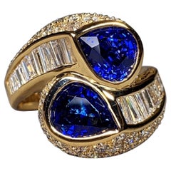 Anillo de Cóctel Estate 18K Amarillo Zafiro Pera Baguette Diamante Redondo Bypass 7ctw