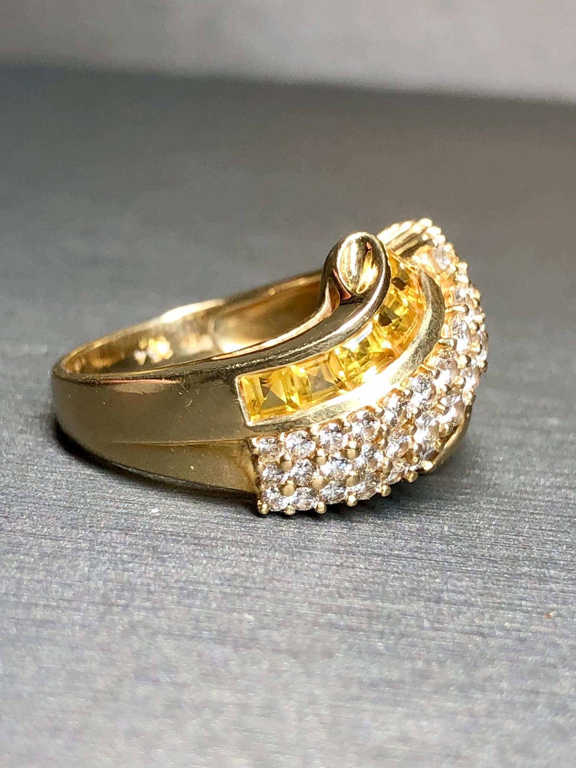 Contemporary Estate 18K Yellow Sapphire Baguette Diamond Bypass Cocktail Ring 2.90ctw Sz 6.75 For Sale