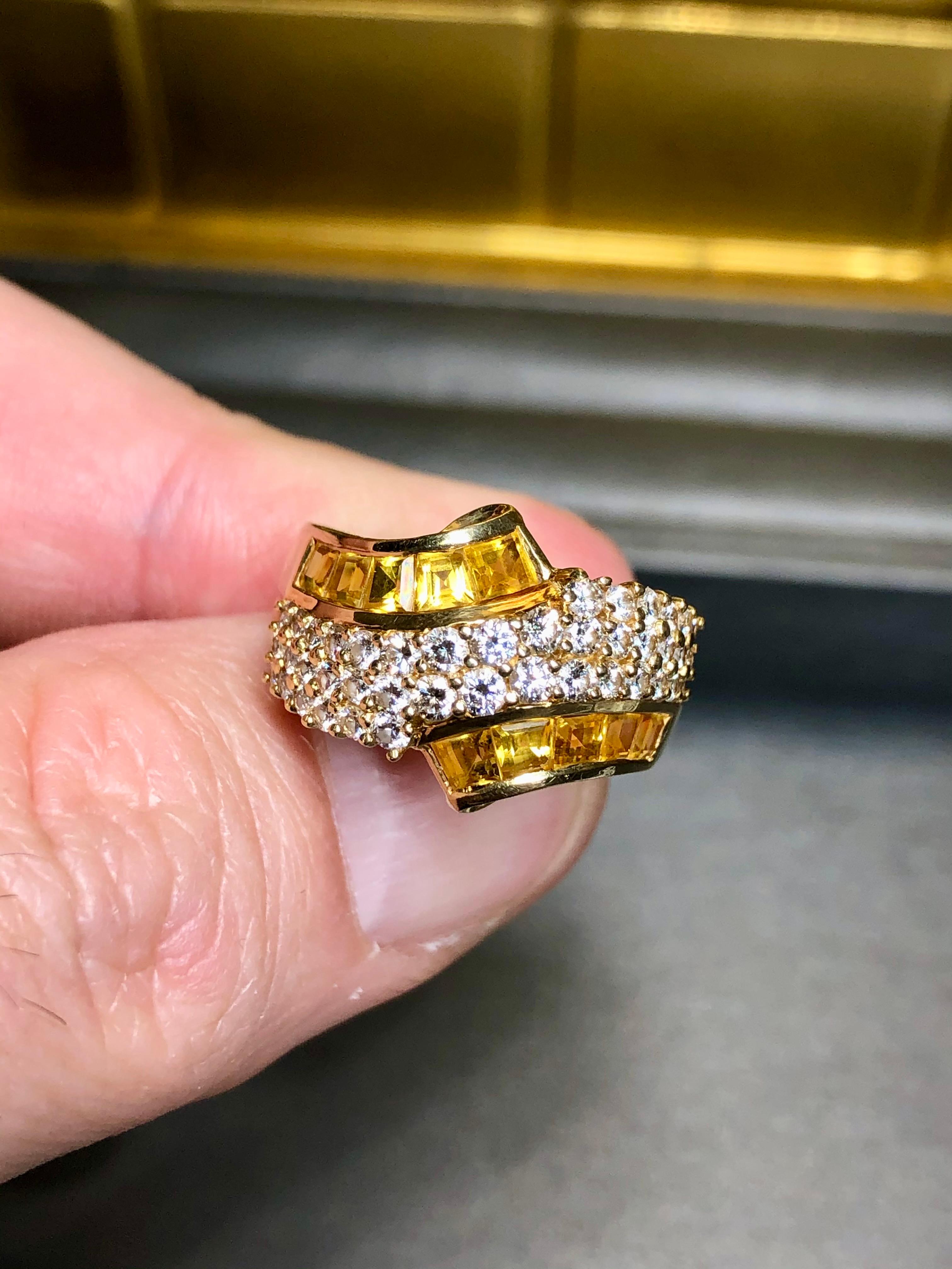 Estate 18K Yellow Sapphire Baguette Diamond Bypass Cocktail Ring 2.90ctw Sz 6.75 In Excellent Condition For Sale In Winter Springs, FL