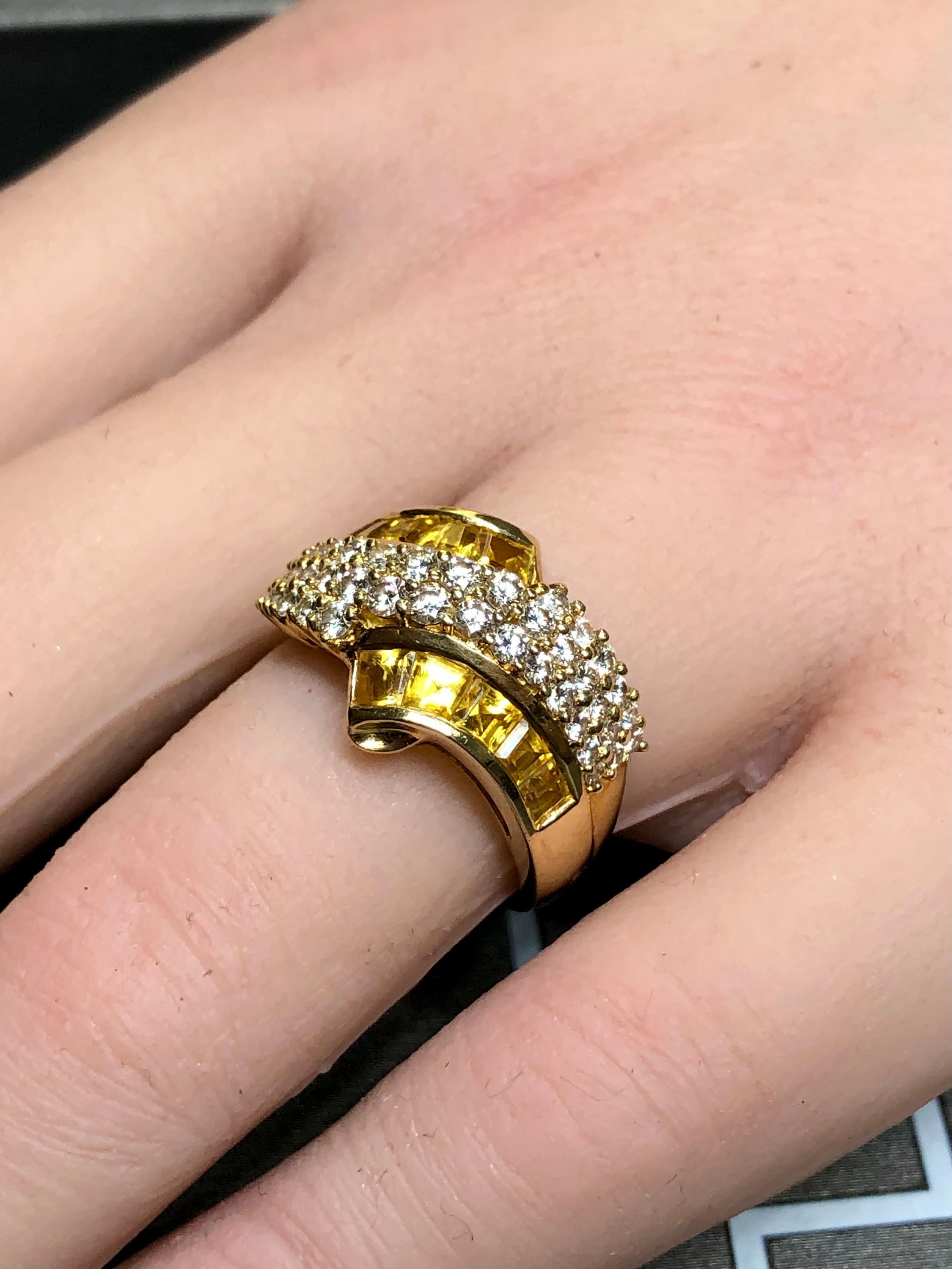 Women's or Men's Estate 18K Yellow Sapphire Baguette Diamond Bypass Cocktail Ring 2.90ctw Sz 6.75 For Sale