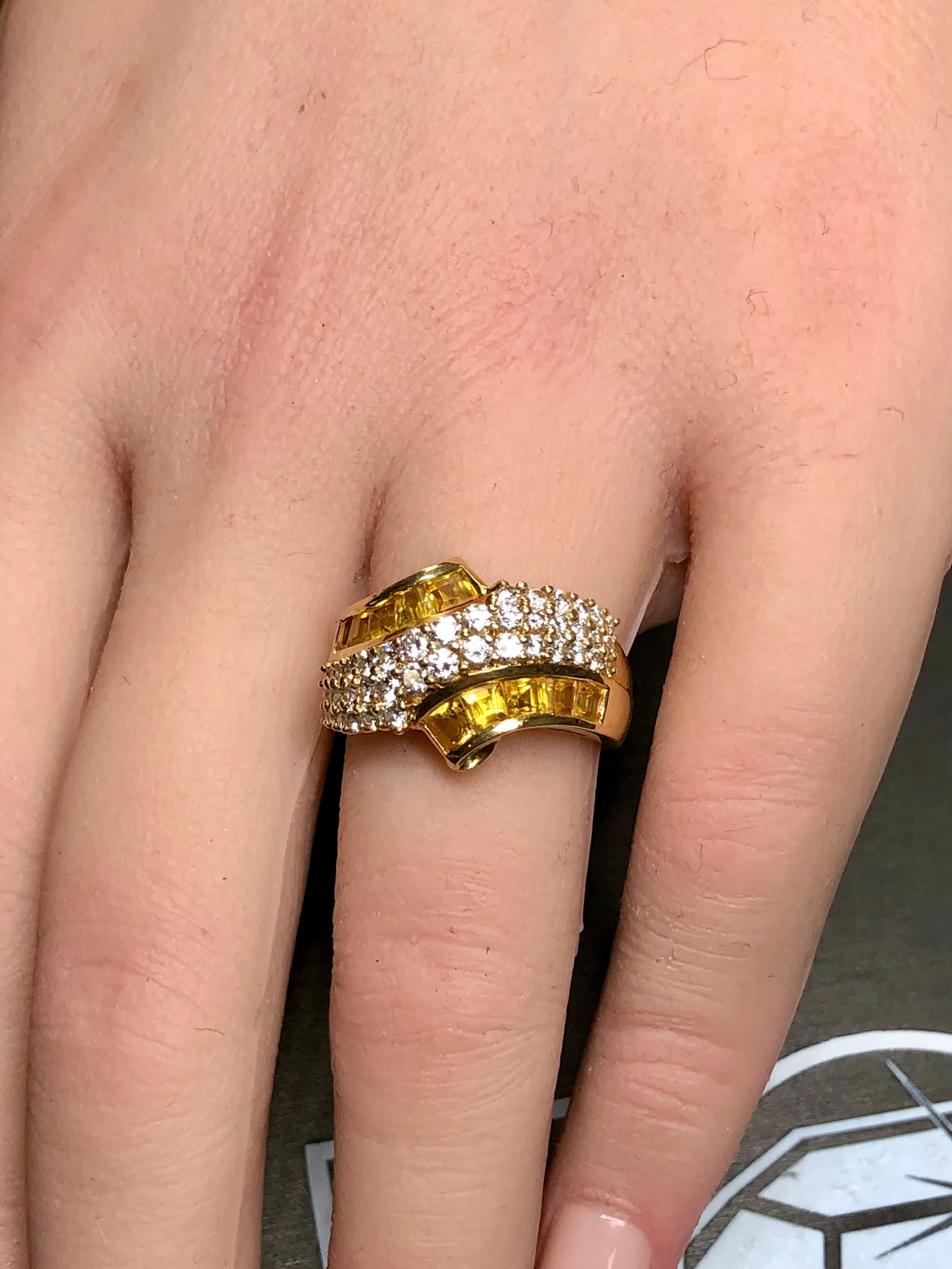 Estate 18K Yellow Sapphire Baguette Diamond Bypass Cocktail Ring 2.90ctw Sz 6.75 For Sale 1