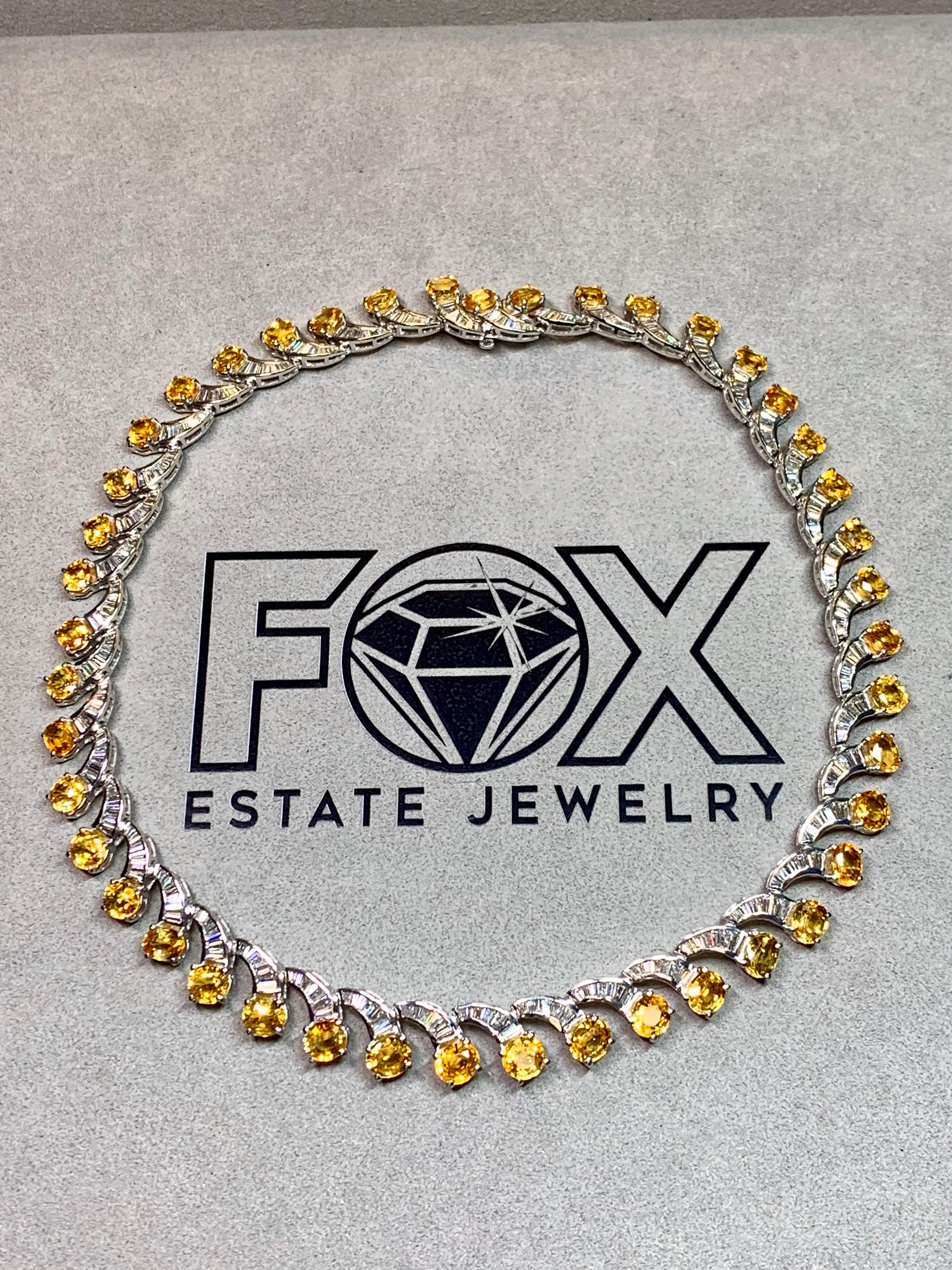 Estate 18K Yellow Sapphire Baguette Diamond Scalloped Formal Necklace 17” 51cttw in vendita 4