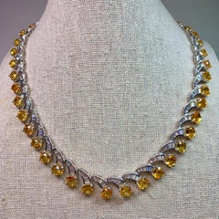 Estate 18K Yellow Sapphire Baguette Diamond Scalloped Formal Necklace 17” 51cttw