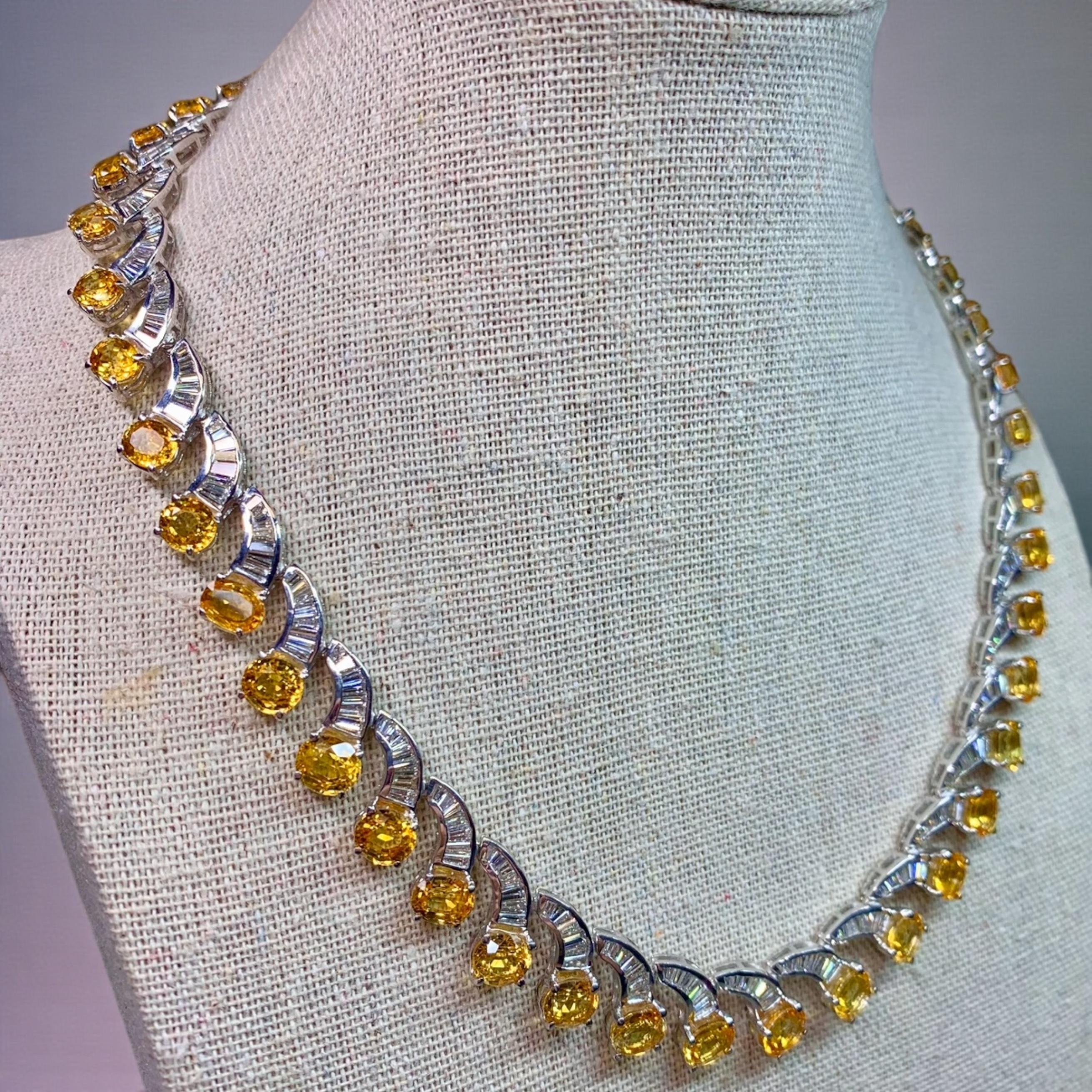Contemporaneo Estate 18K Yellow Sapphire Baguette Diamond Scalloped Formal Necklace 17” 51cttw in vendita