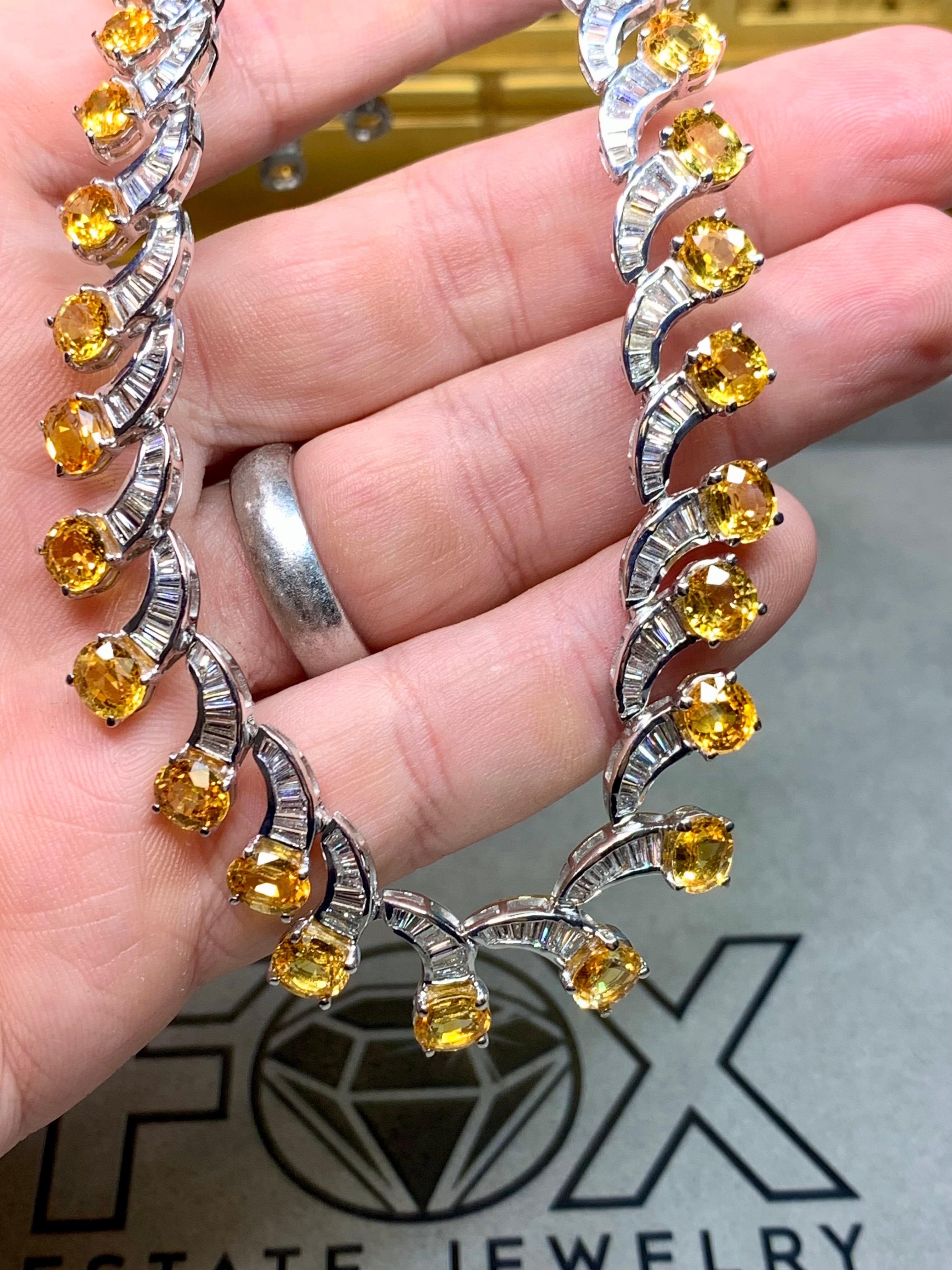 Taglio baguette Estate 18K Yellow Sapphire Baguette Diamond Scalloped Formal Necklace 17” 51cttw in vendita