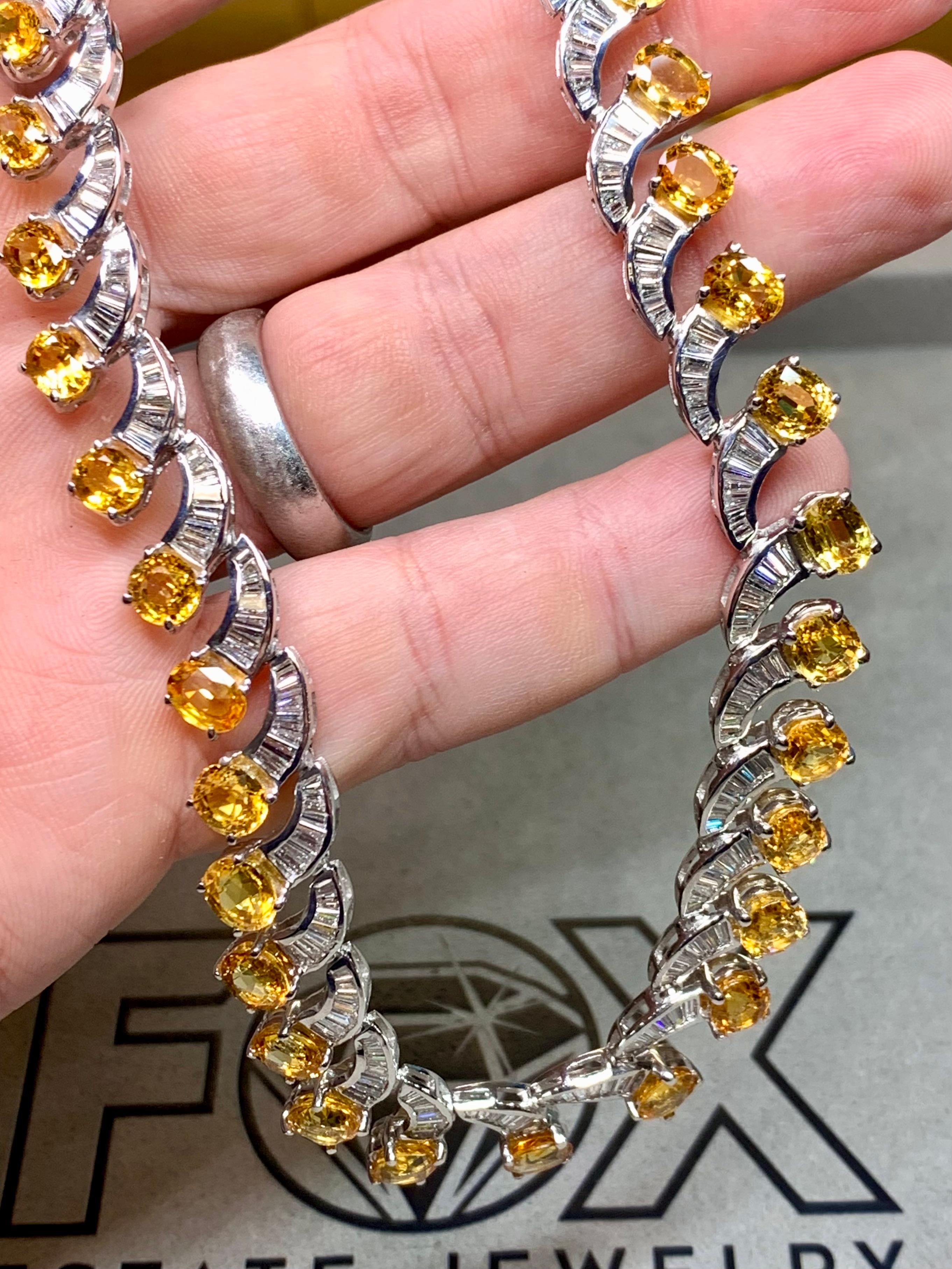 Estate 18K Yellow Sapphire Baguette Diamond Scalloped Formal Necklace 17” 51cttw In condizioni buone in vendita a Winter Springs, FL