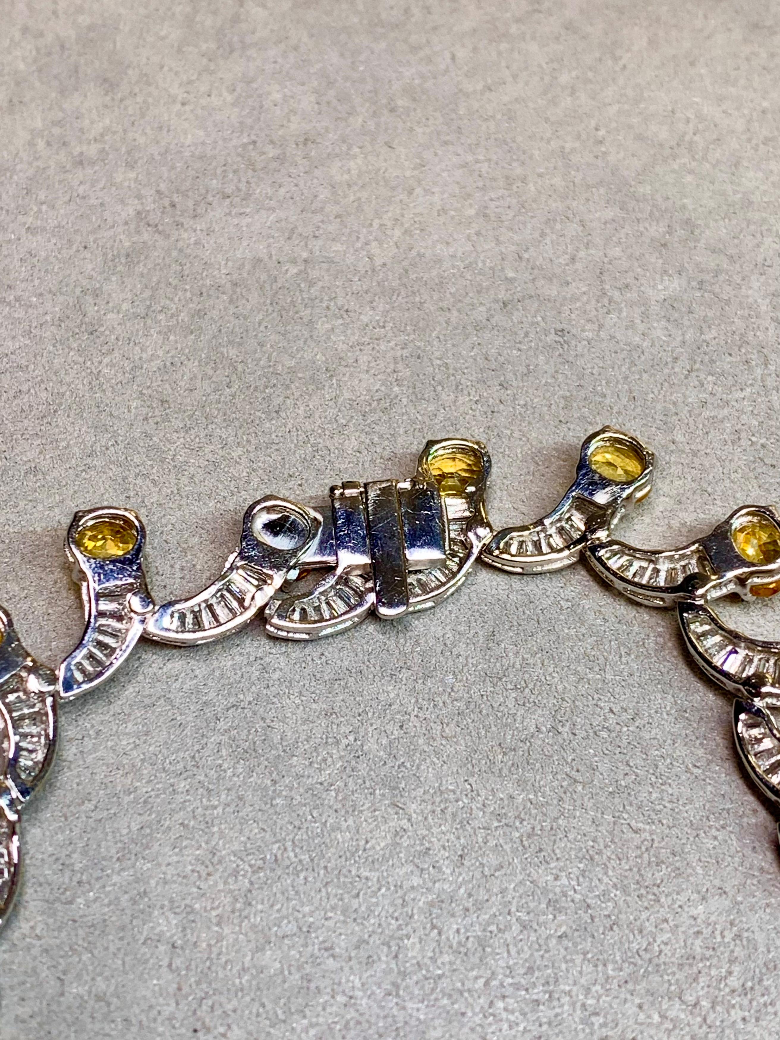 da uomo o donna Estate 18K Yellow Sapphire Baguette Diamond Scalloped Formal Necklace 17” 51cttw in vendita