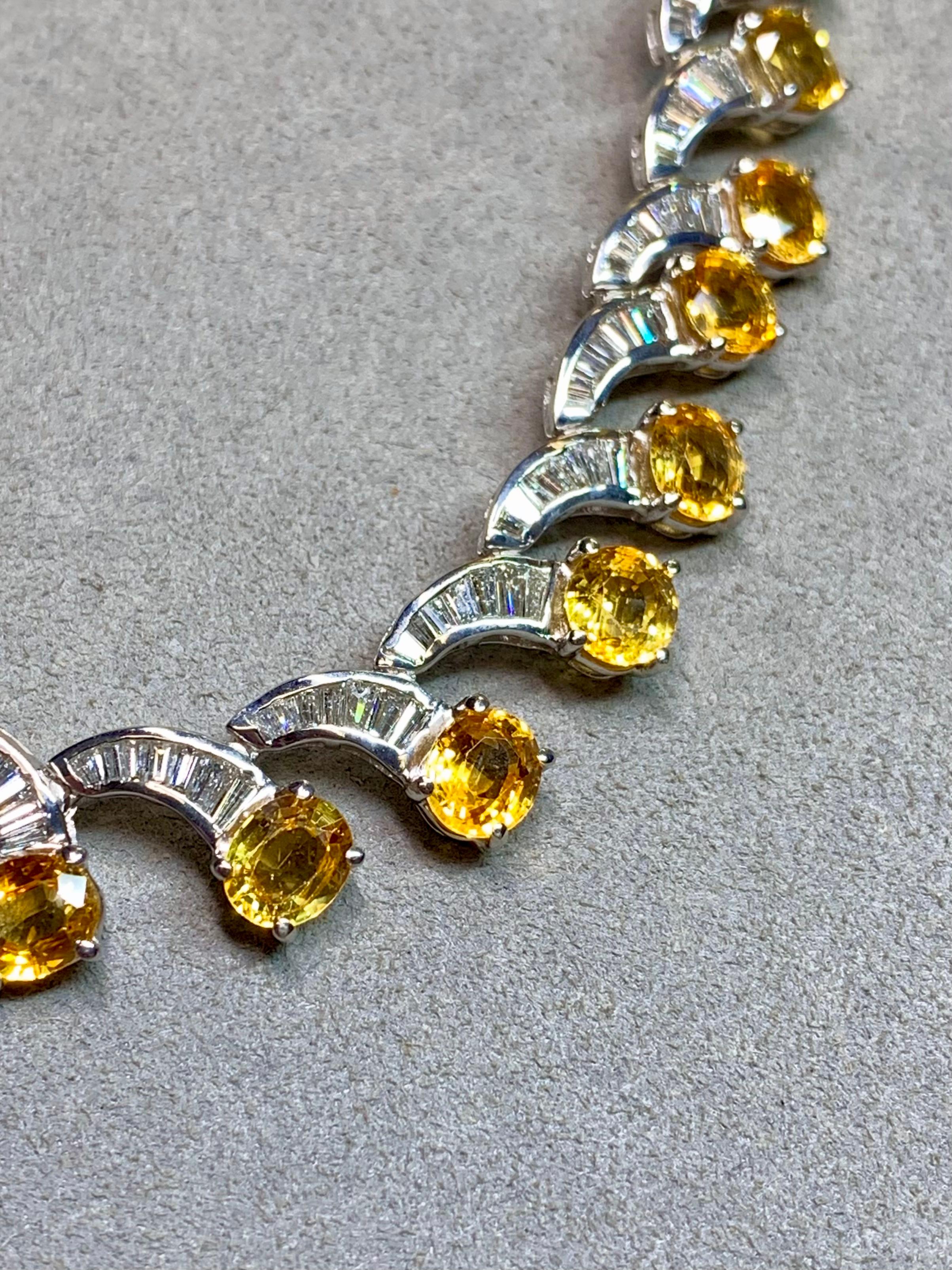 Estate 18K Yellow Sapphire Baguette Diamond Scalloped Formal Necklace 17” 51cttw in vendita 1