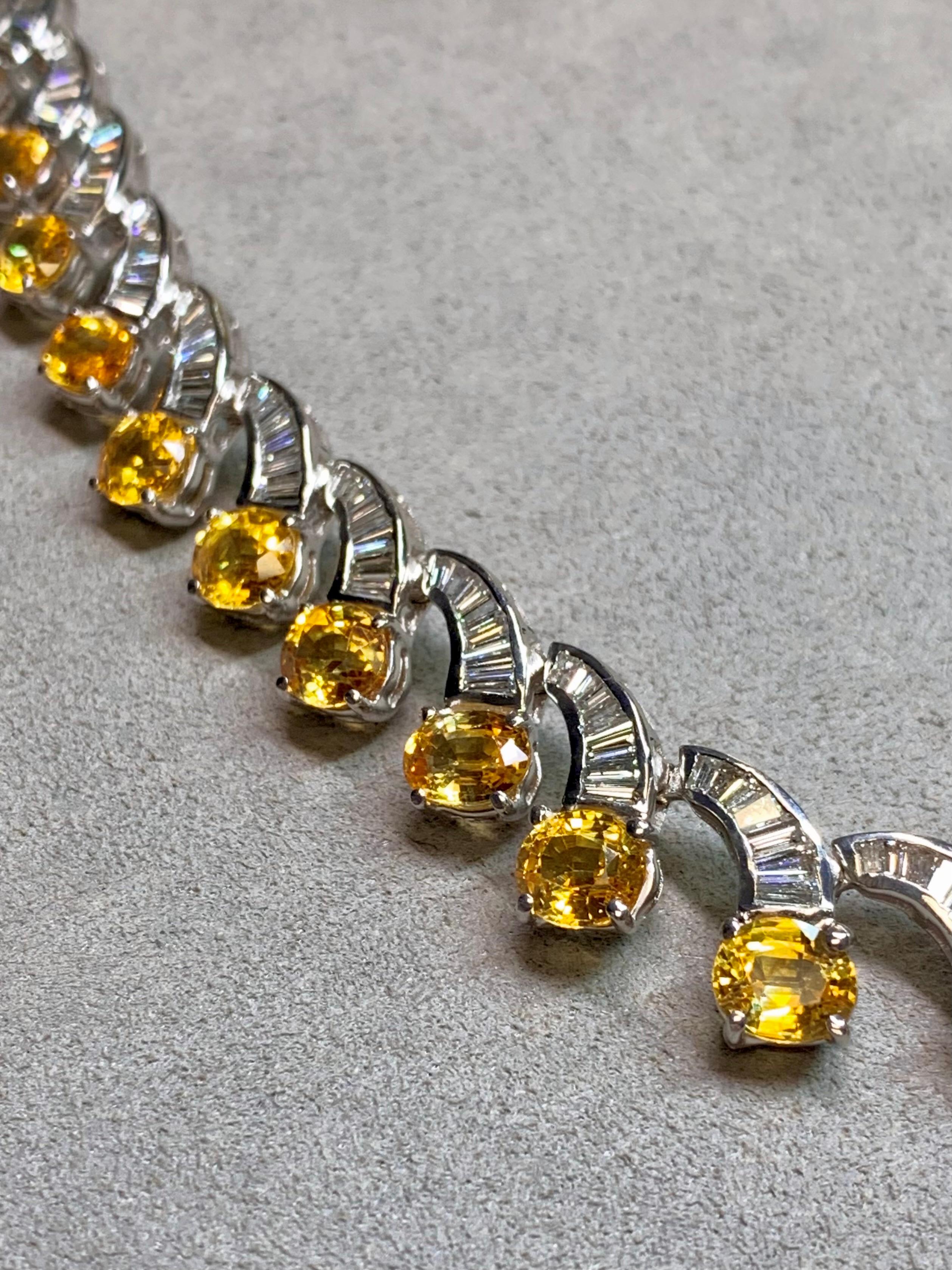 Estate 18K Yellow Sapphire Baguette Diamond Scalloped Formal Necklace 17” 51cttw in vendita 2