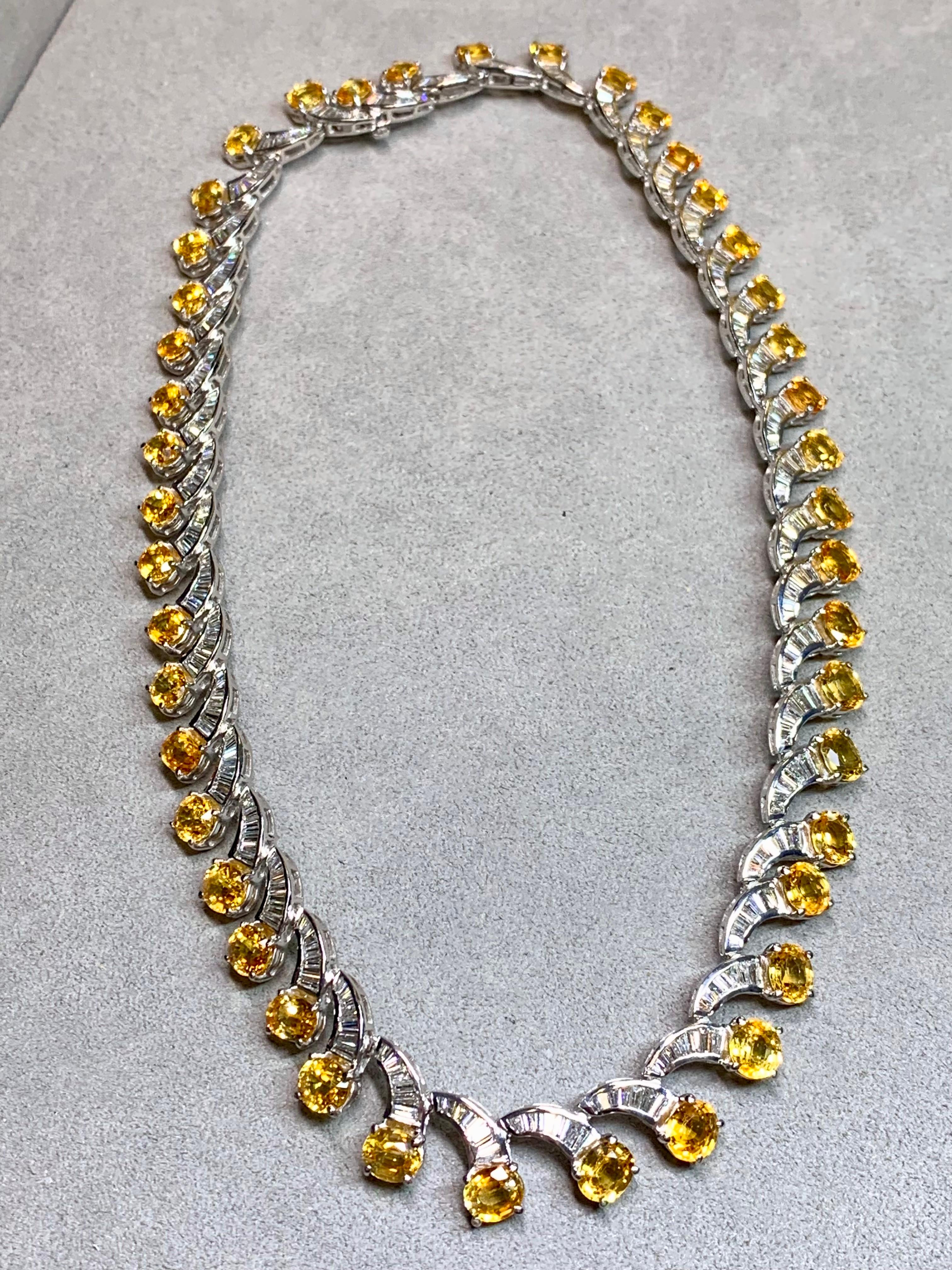 Estate 18K Yellow Sapphire Baguette Diamond Scalloped Formal Necklace 17” 51cttw in vendita 3