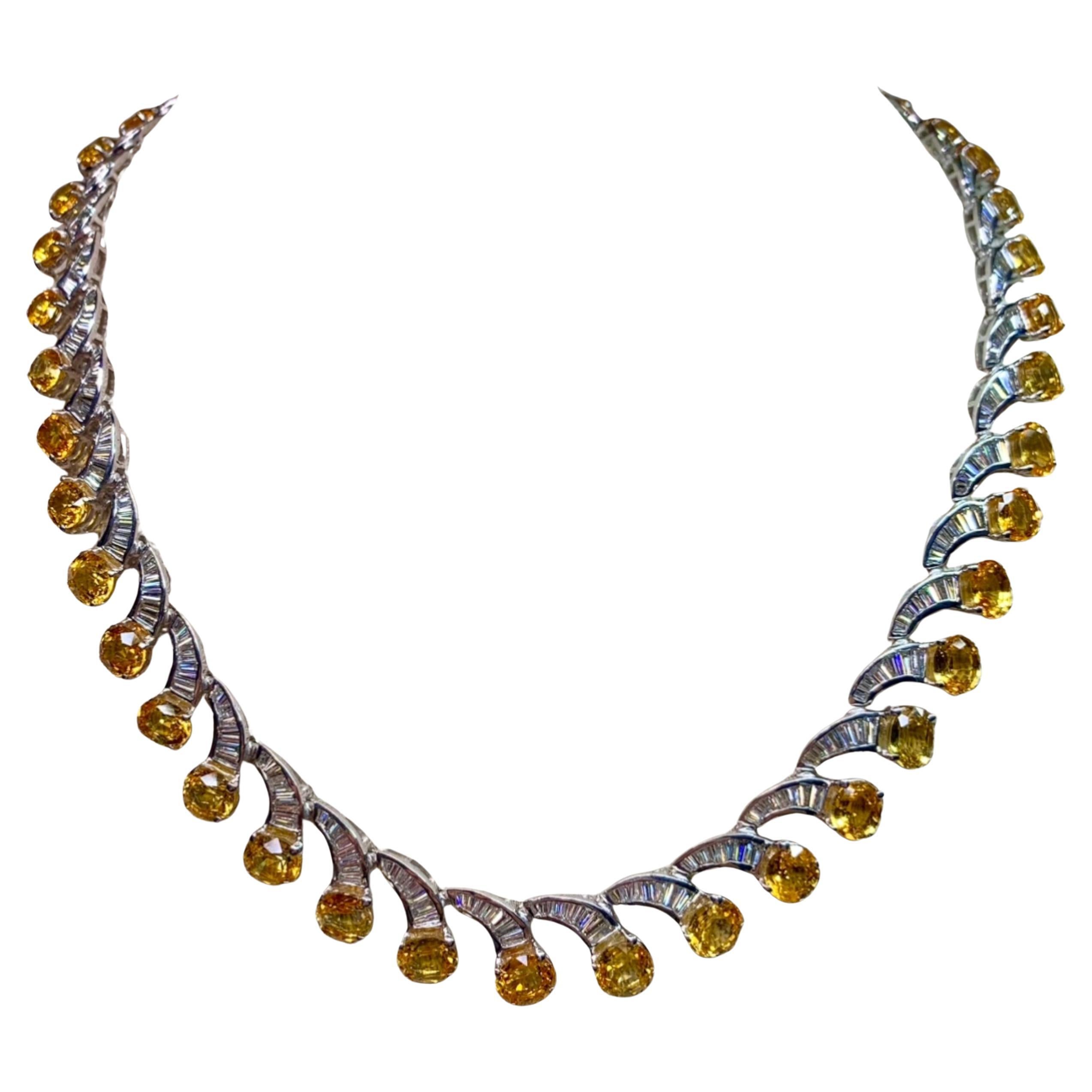 Estate 18K Yellow Sapphire Baguette Diamond Scalloped Formal Necklace 17” 51cttw in vendita
