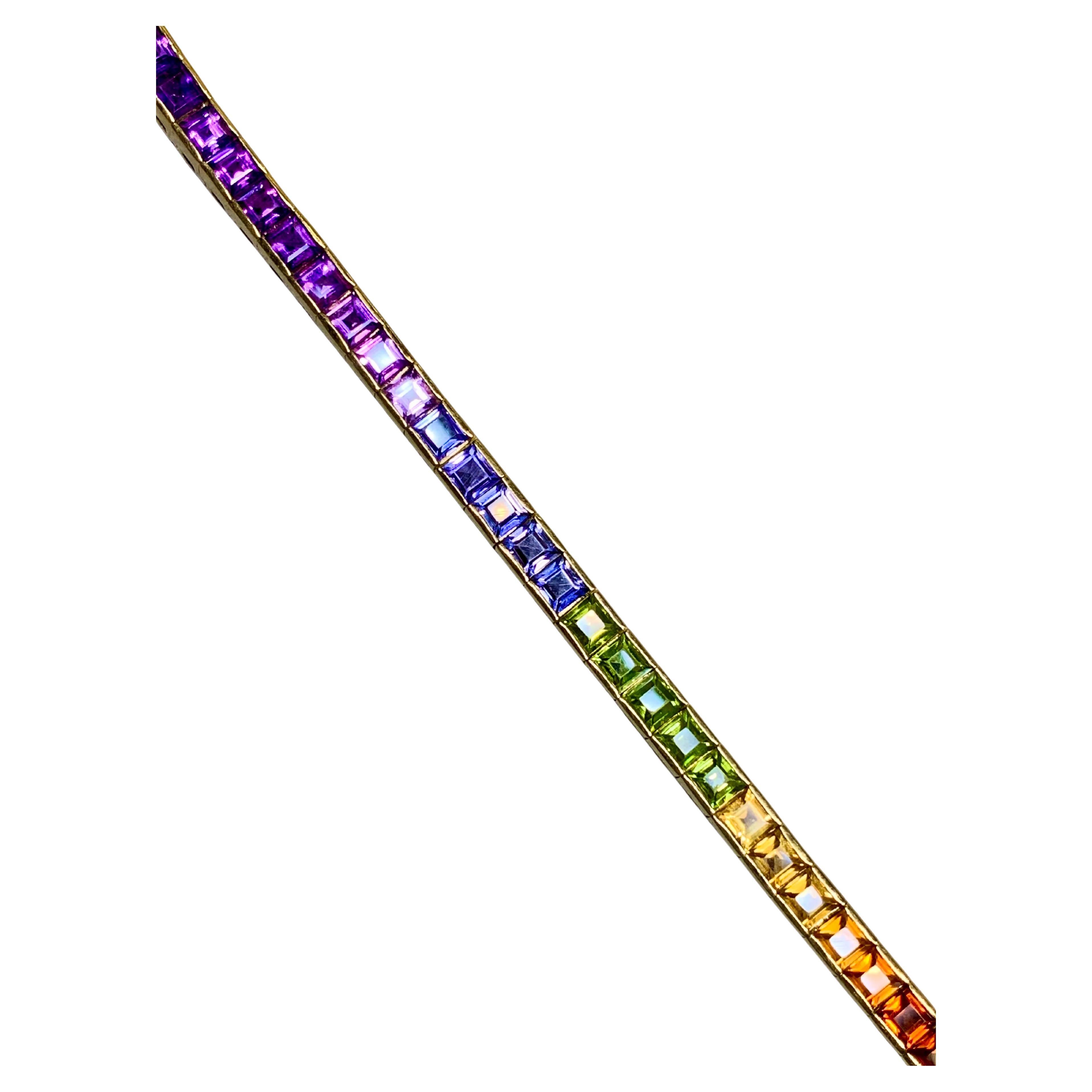 Estate 18K Yellow Square Cut Multi Gemstone Heavy Rainbow Bracelet 10.25ctw  7”