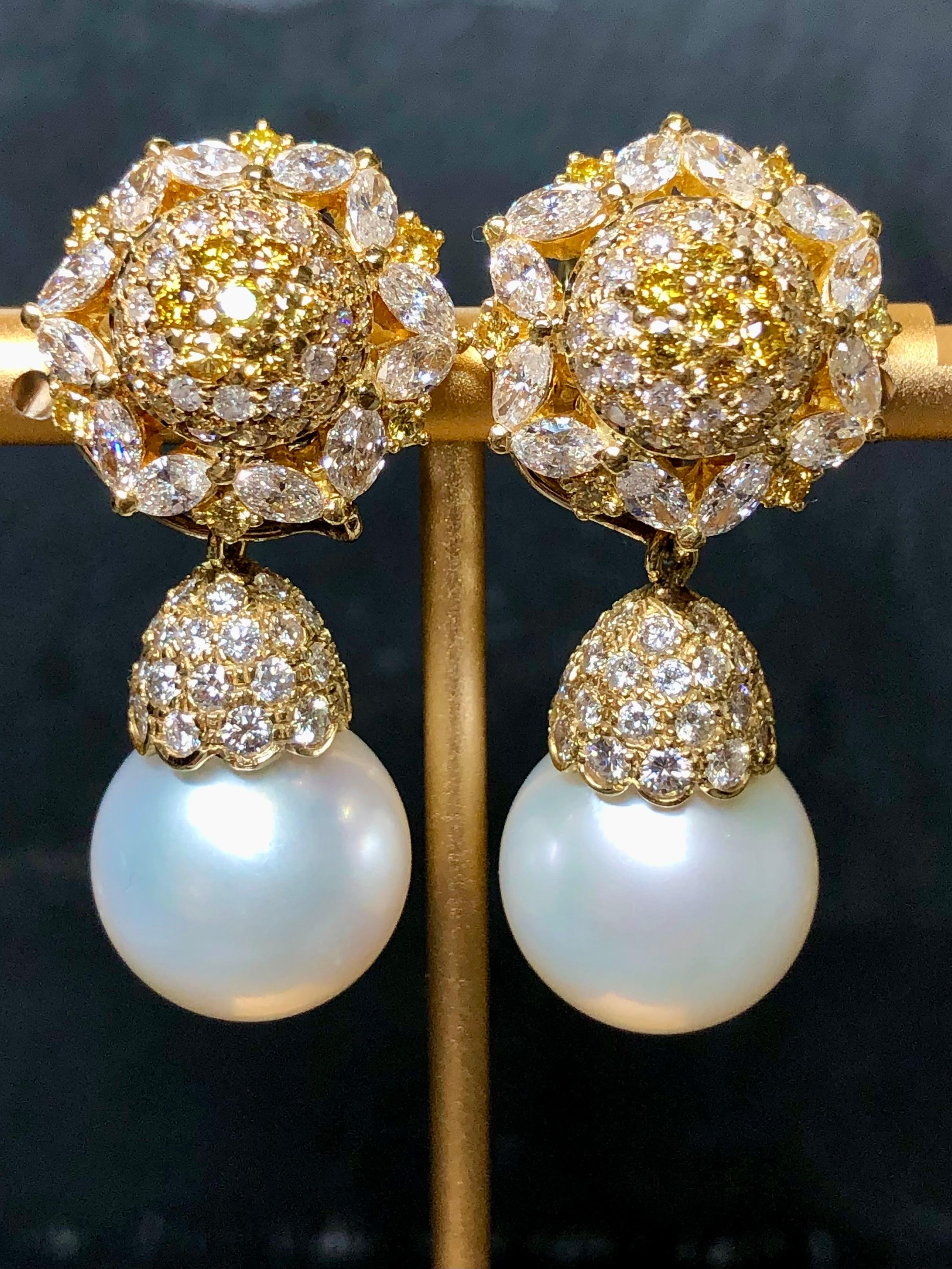 Estate 18K Yellow White Diamond Day Night South Sea Pearl Drop Earrings 14.50mm For Sale 4