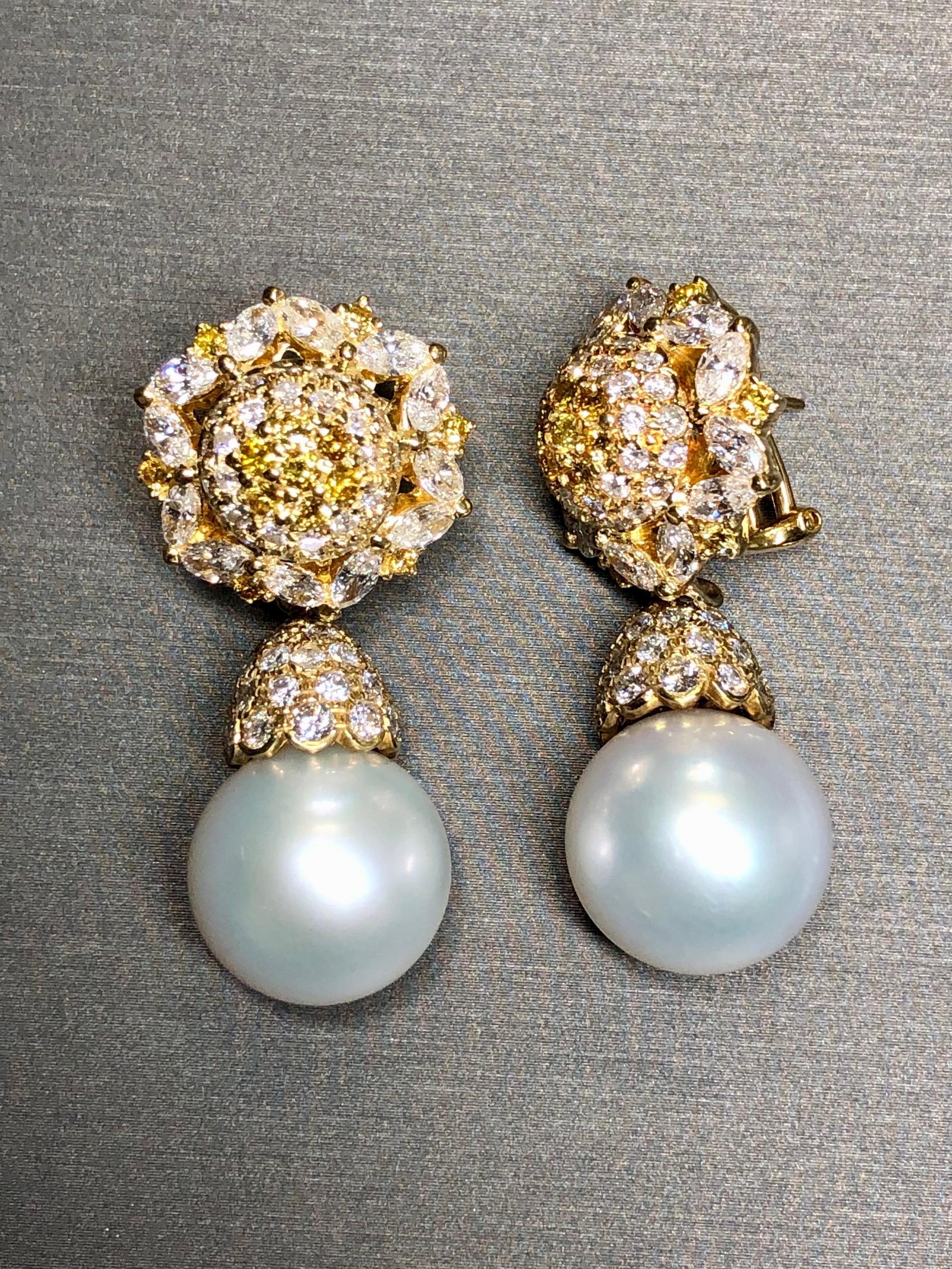 Women's or Men's Estate 18K Yellow White Diamond Day Night South Sea Pearl Drop Earrings 14.50mm For Sale