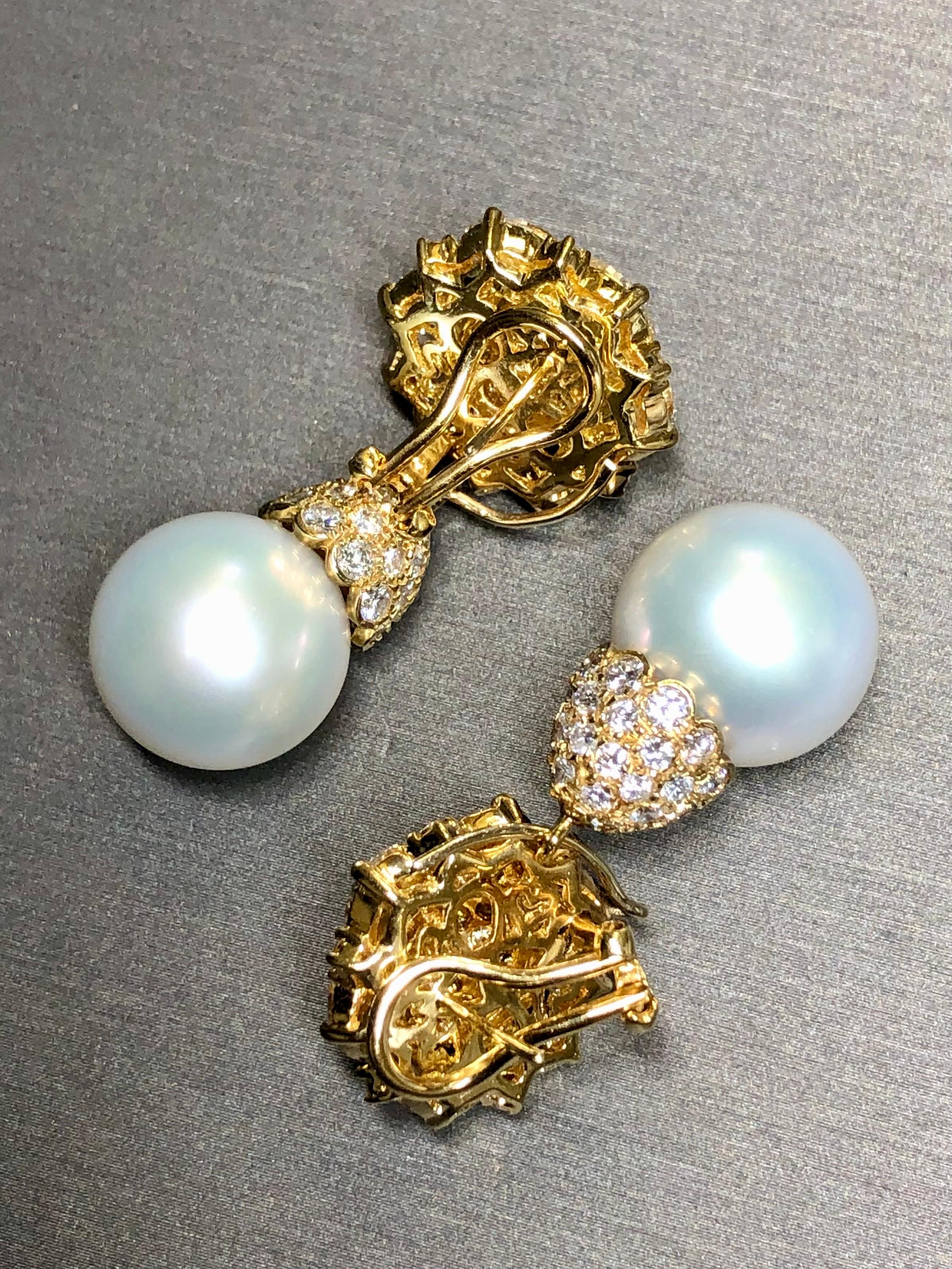 Estate 18K Yellow White Diamond Day Night South Sea Pearl Drop Earrings 14.50mm For Sale 1