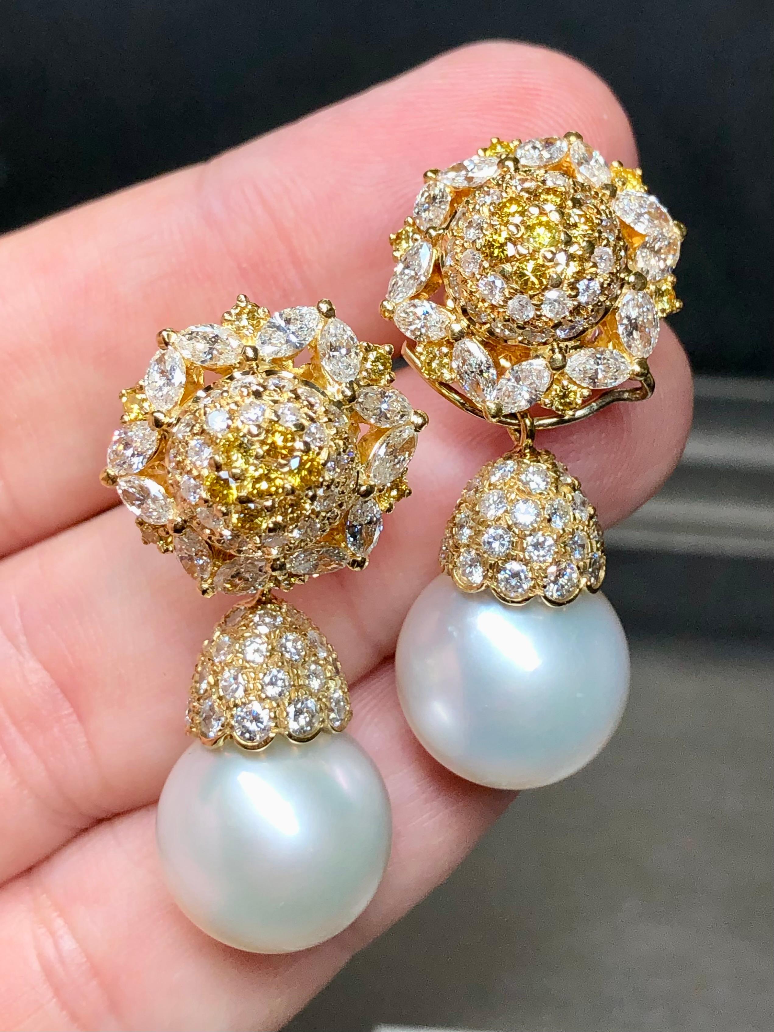 Estate 18K Yellow White Diamond Day Night South Sea Pearl Drop Earrings 14.50mm For Sale 3