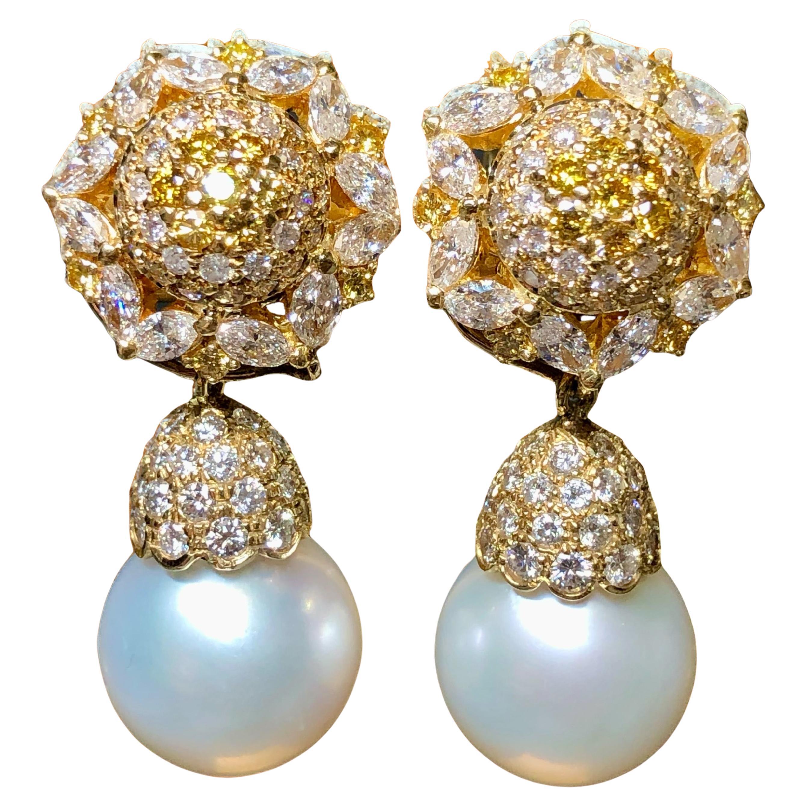Estate 18K Yellow White Diamond Day Night South Sea Pearl Drop Earrings 14.50mm