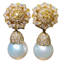 Estate 18K Yellow White Diamond Day Night South Sea Pearl Drop Earrings 14.50mm