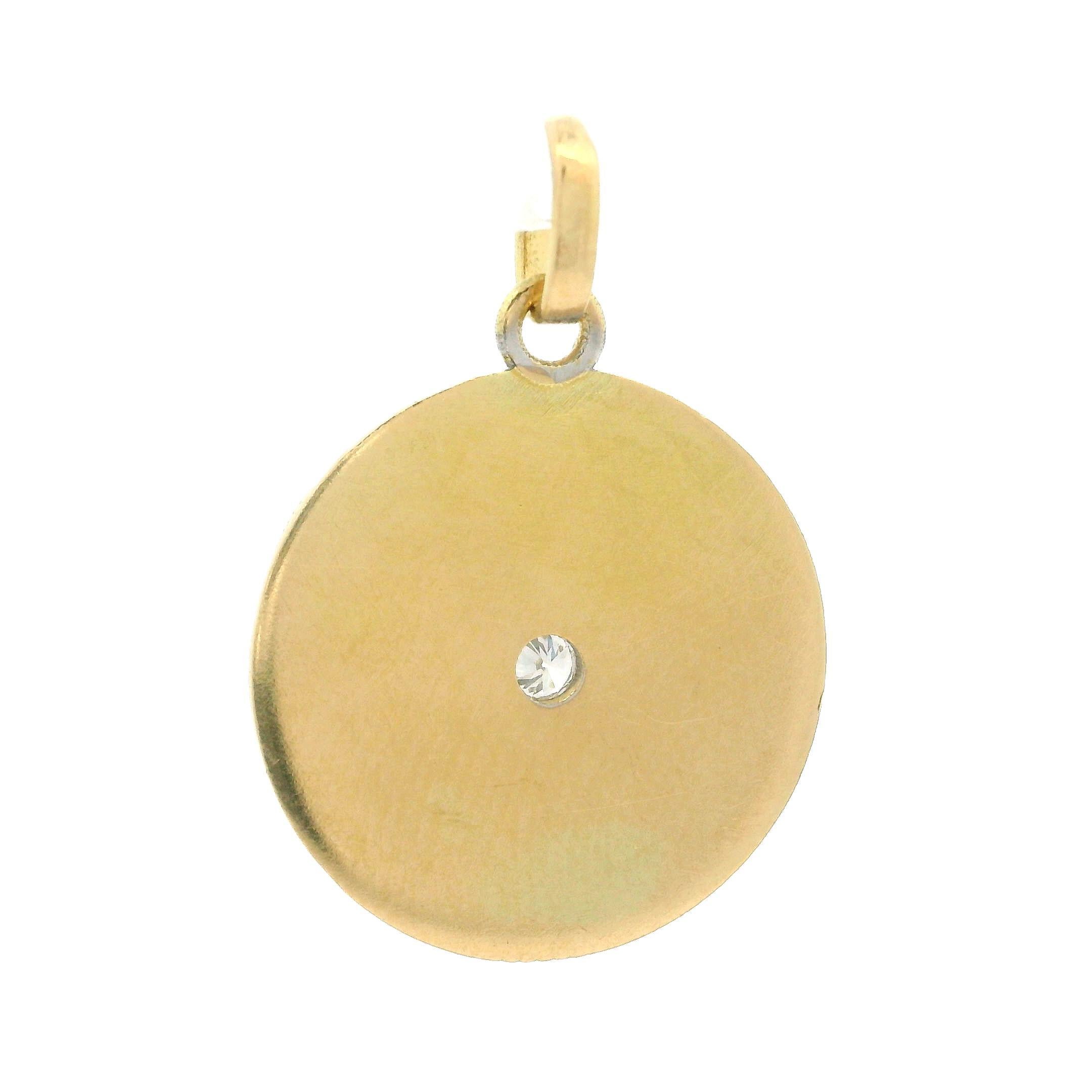 Taille brillant Pendentif breloque rond tissé en or jaune et blanc 18 carats avec diamants 0,06 carat en vente